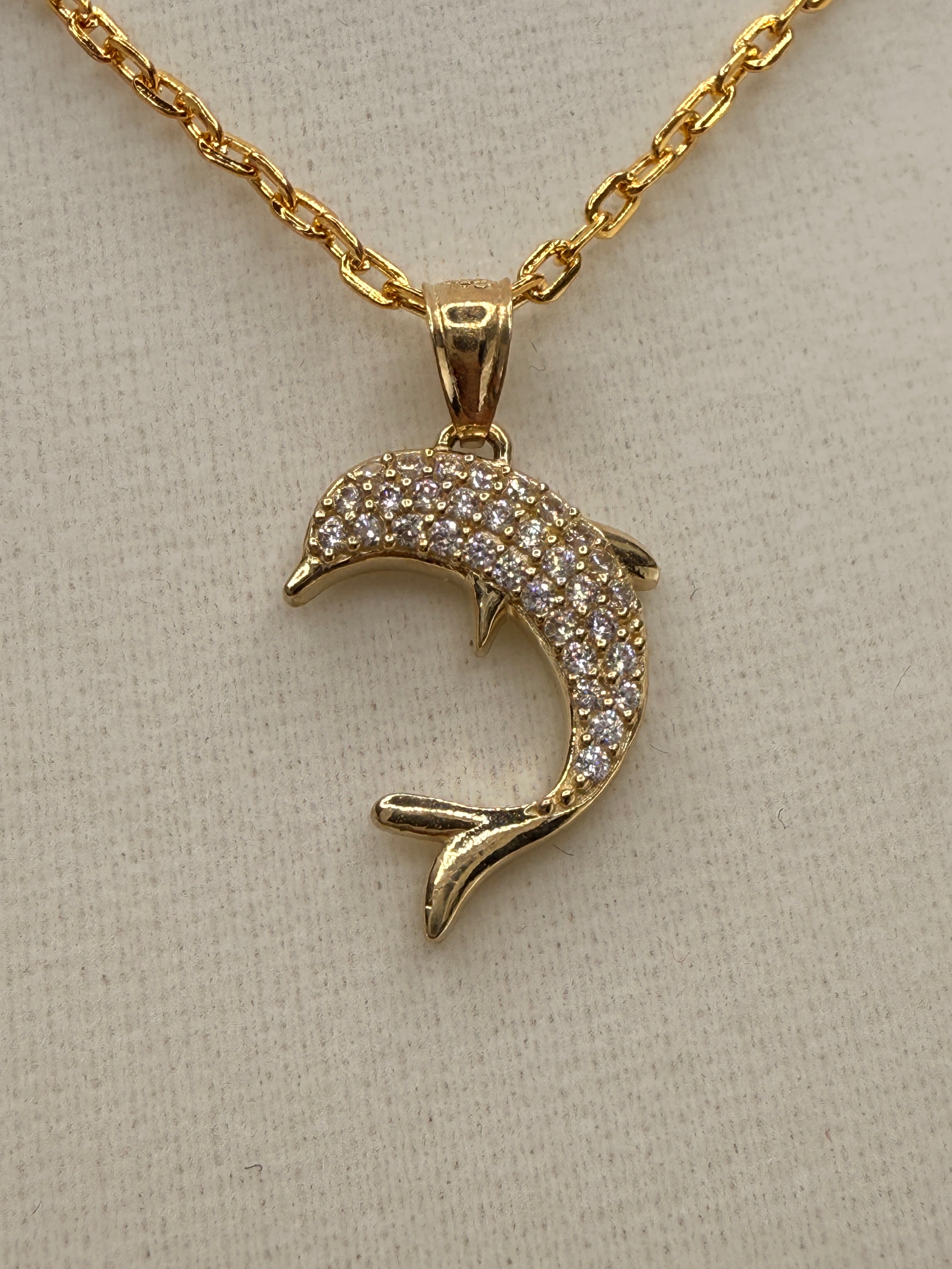 14K Gold CZ Diamond Dolphin Pendant