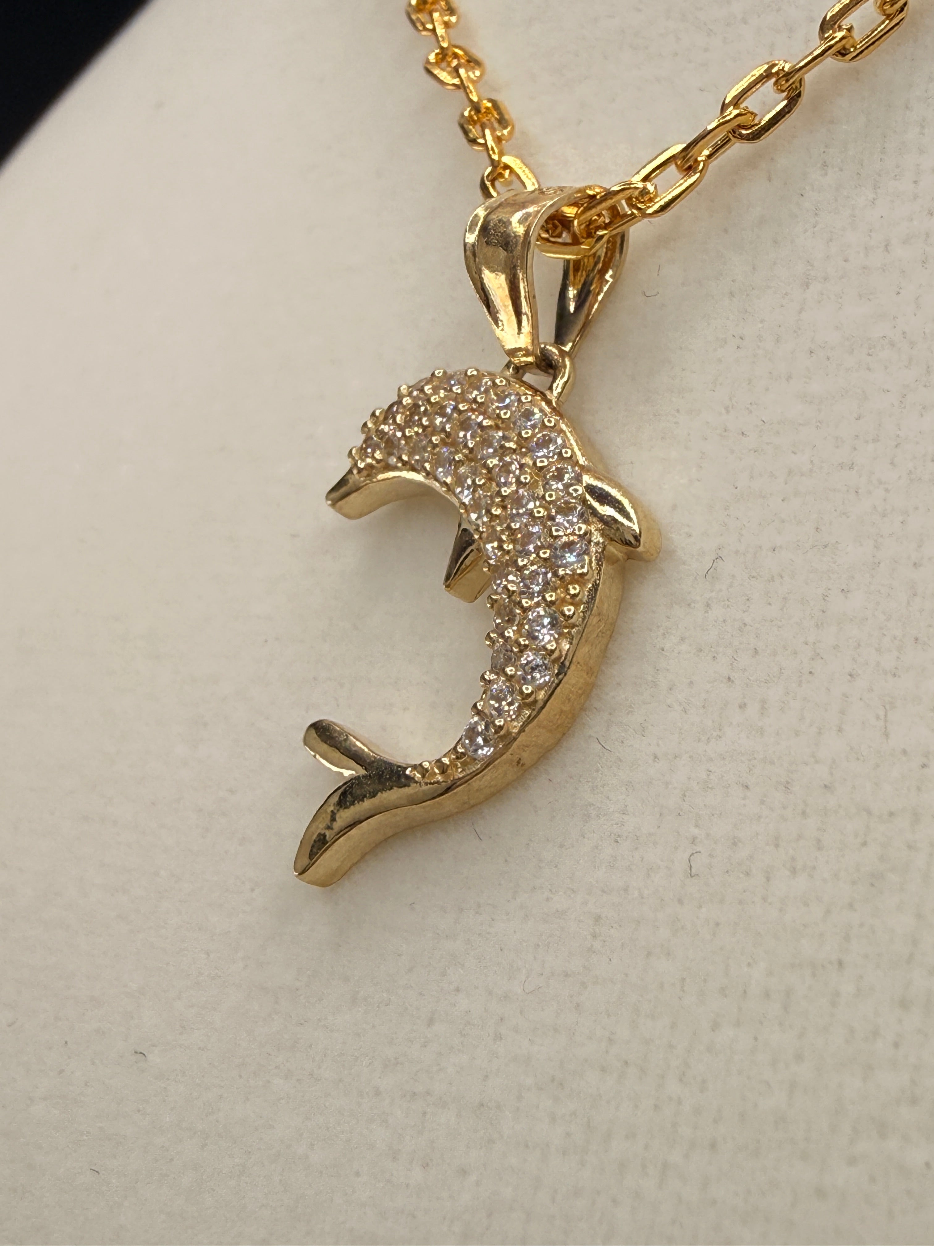 14K Gold CZ Diamond Dolphin Pendant