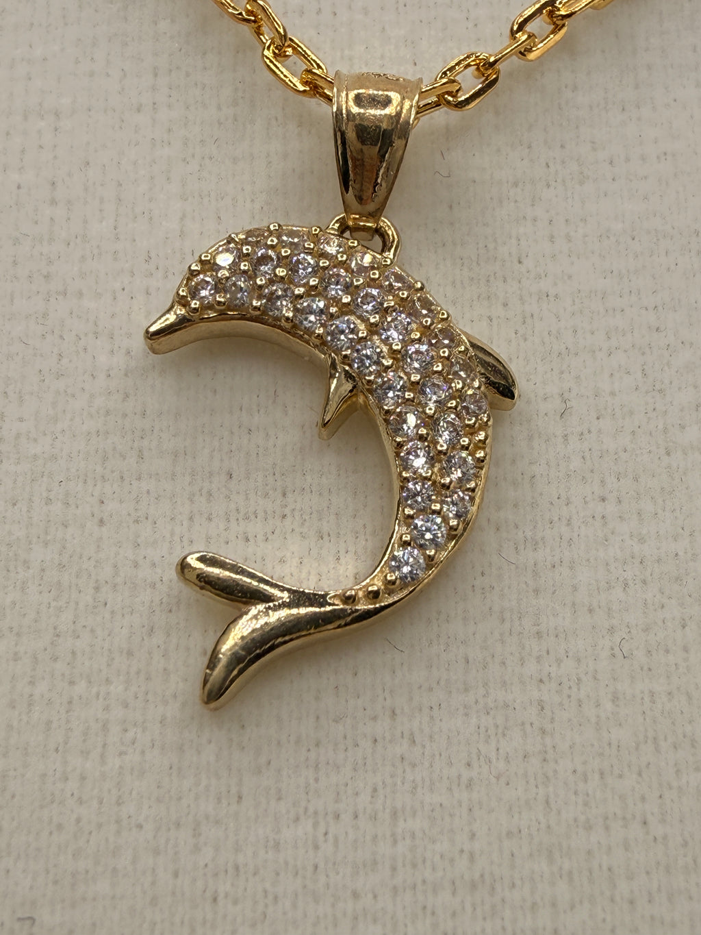 14K Gold CZ Diamond Dolphin Pendant