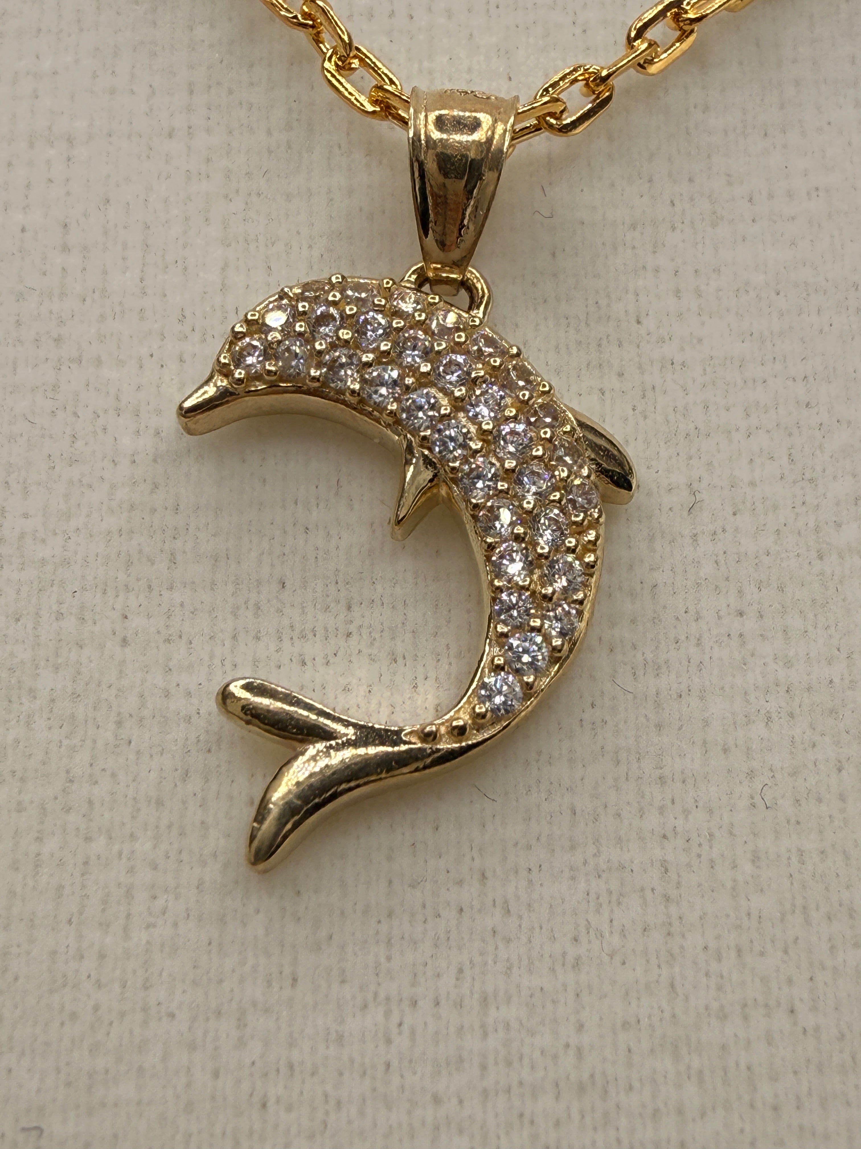 14K Gold CZ Diamond Dolphin Pendant