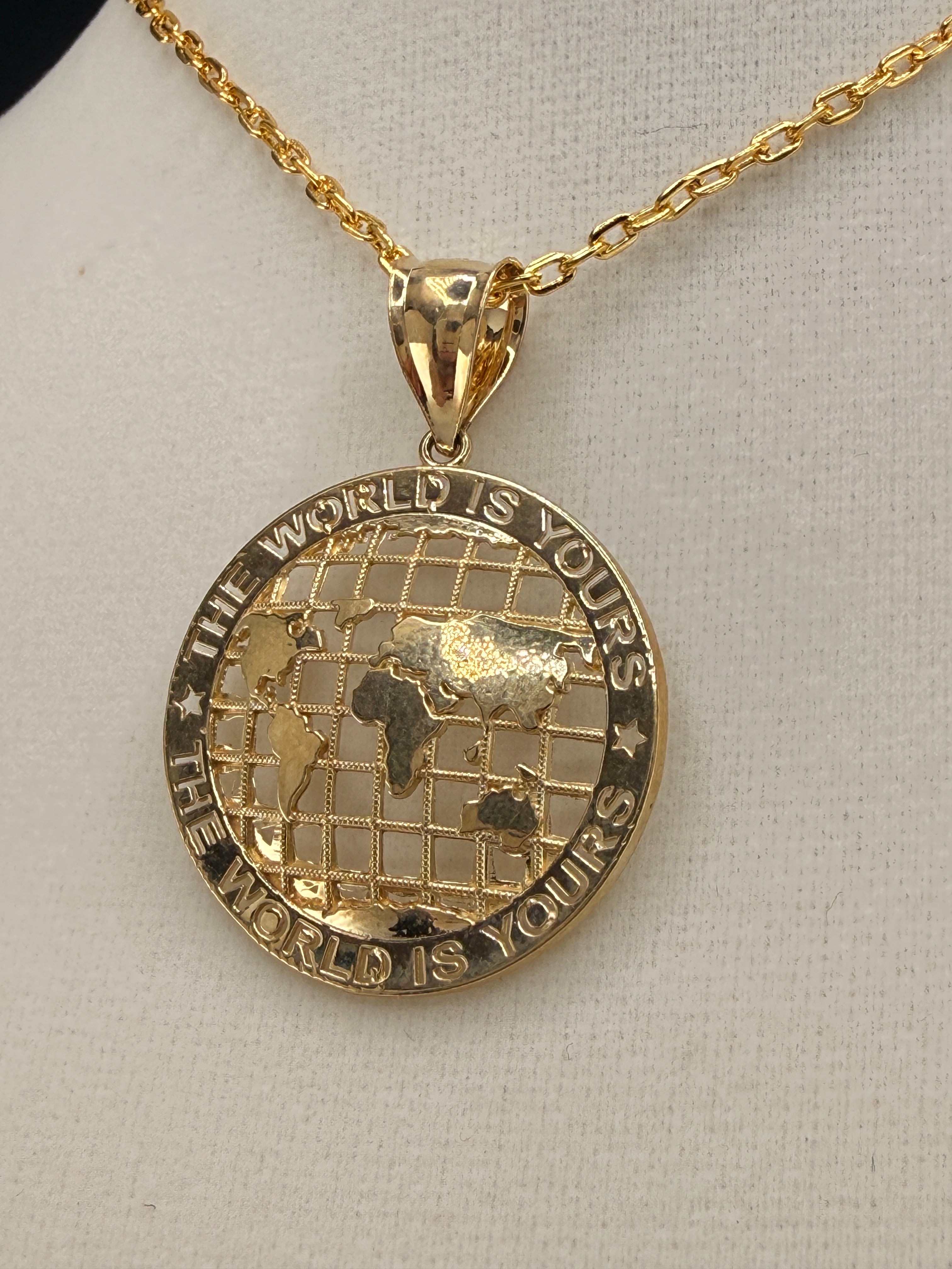 14K Gold “The World Is Yours” Map Pendant