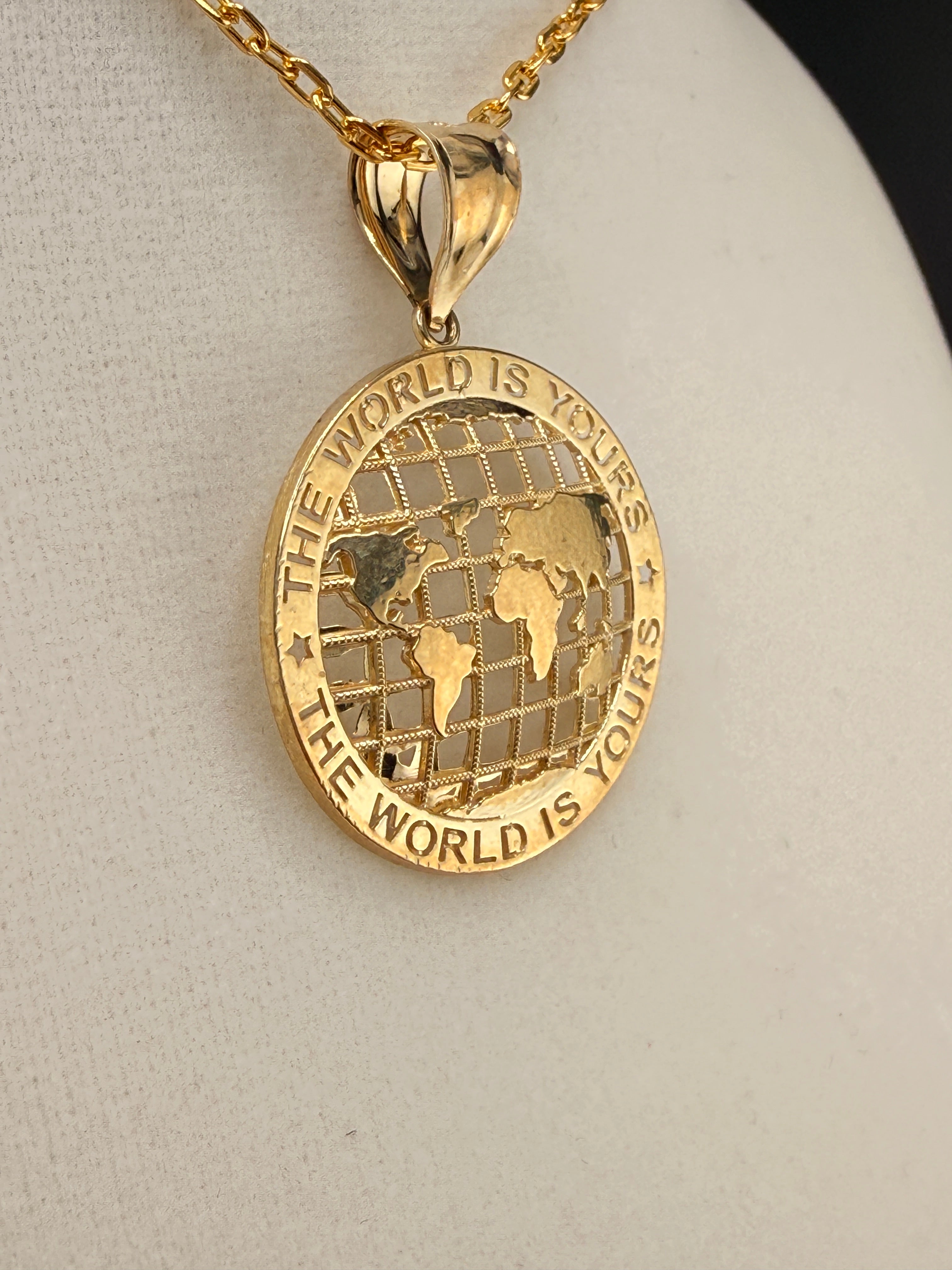 14K Gold “The World Is Yours” Map Pendant