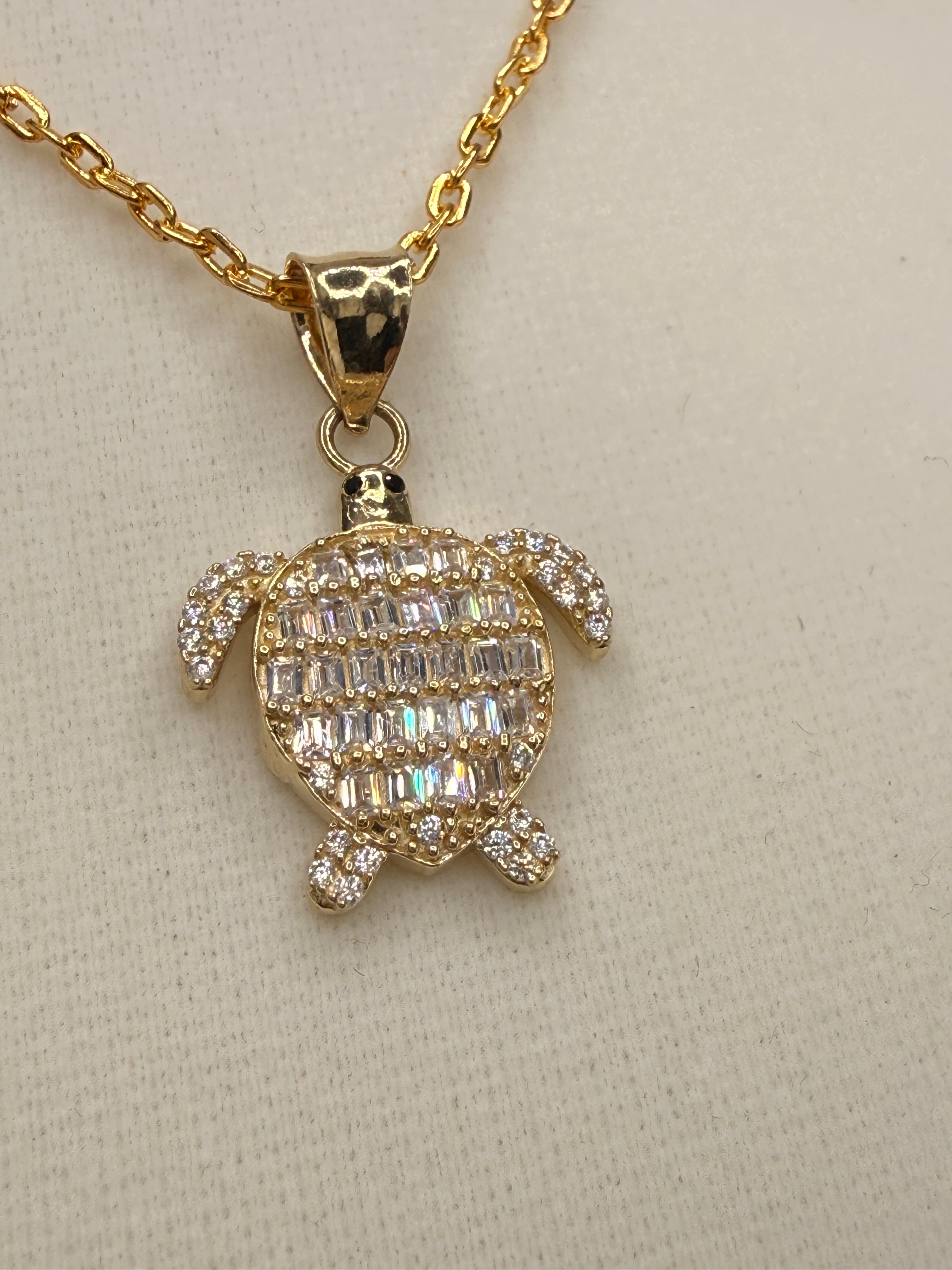 14K Gold CZ Diamond Turtle Pendant