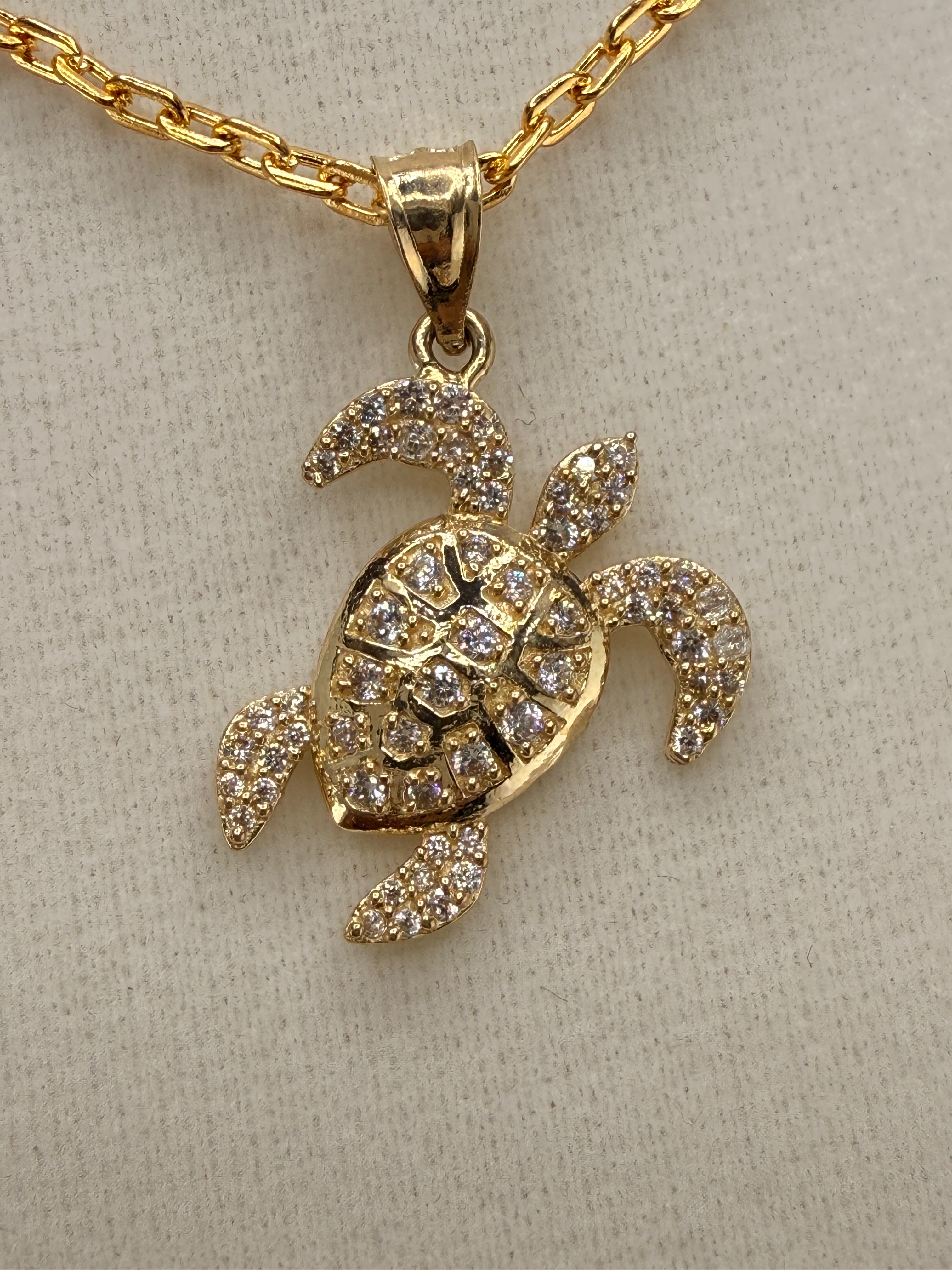 14K Gold CZ Diamond Turtle Pendant