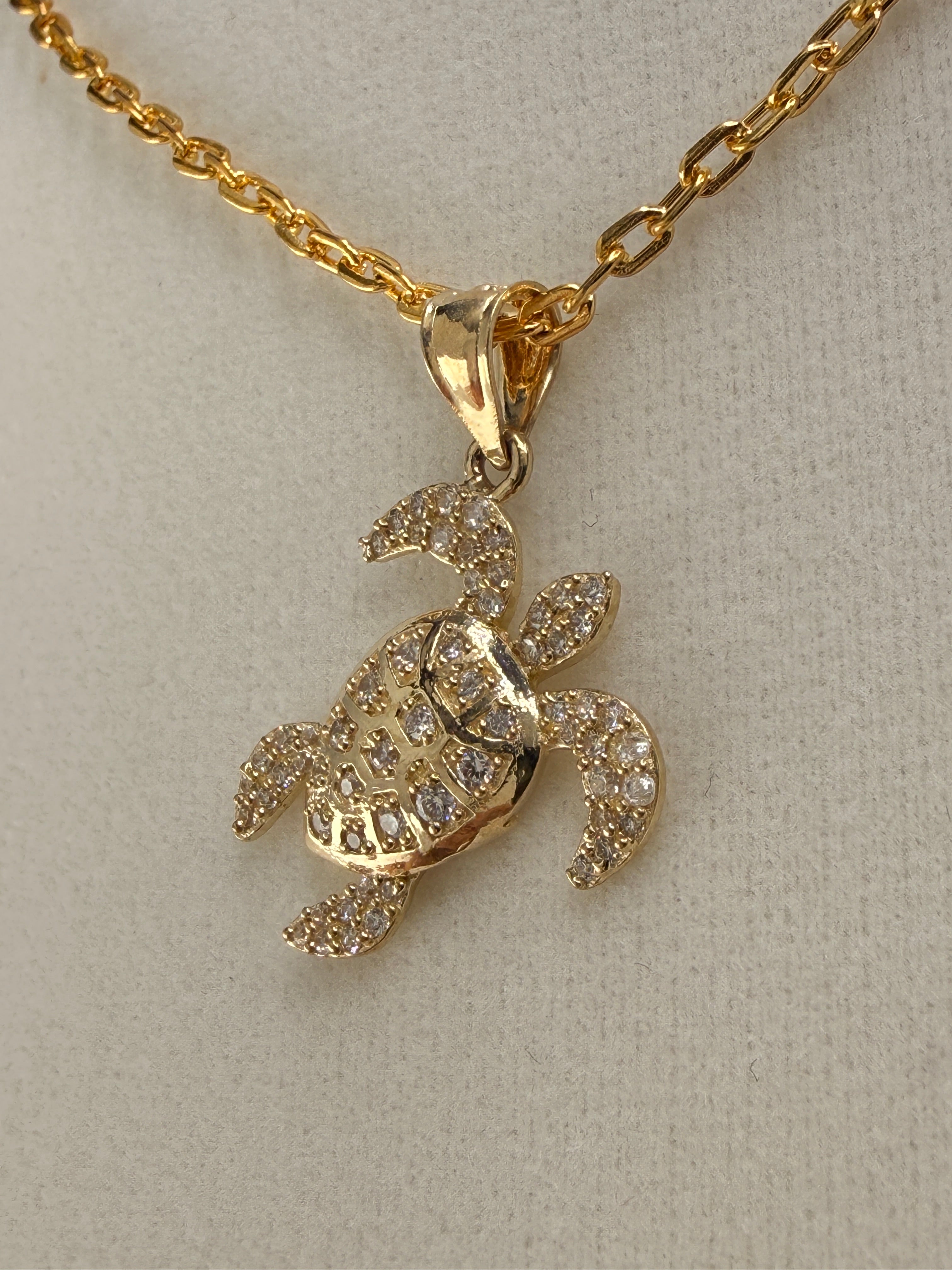 14K Gold CZ Diamond Turtle Pendant