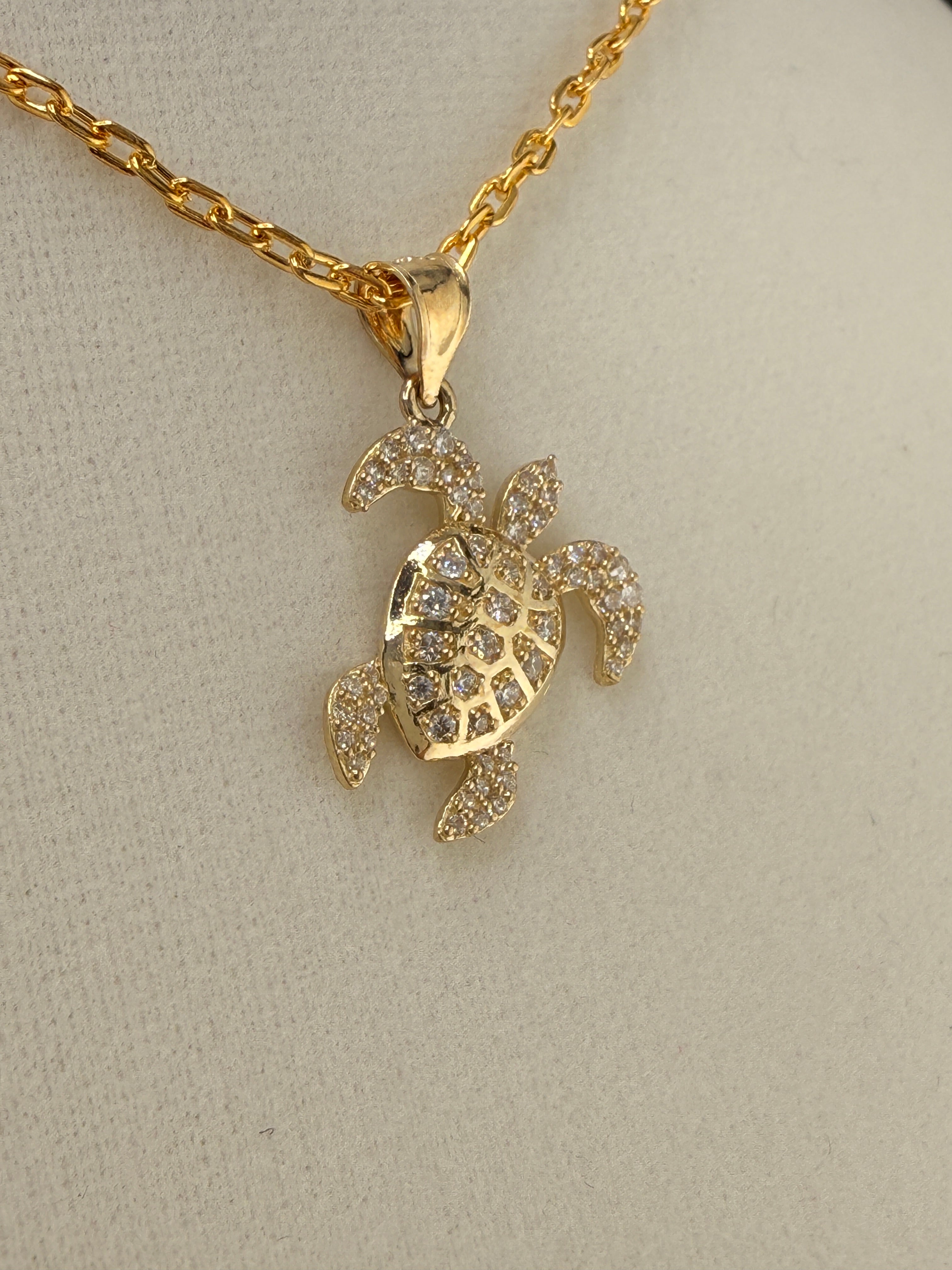 14K Gold CZ Diamond Turtle Pendant