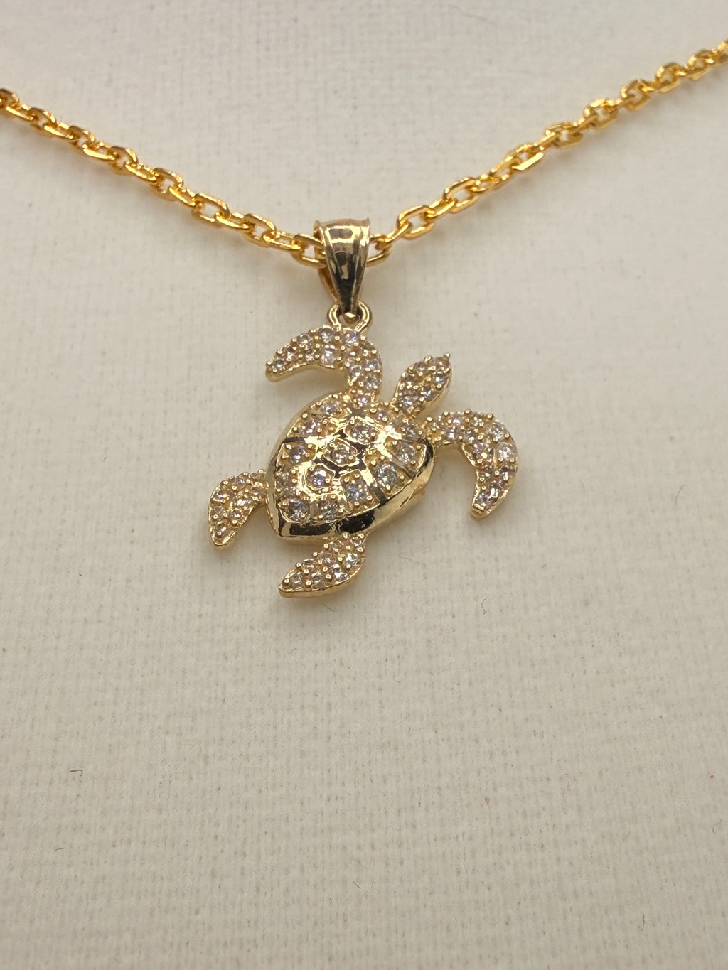 14K Gold CZ Diamond Turtle Pendant