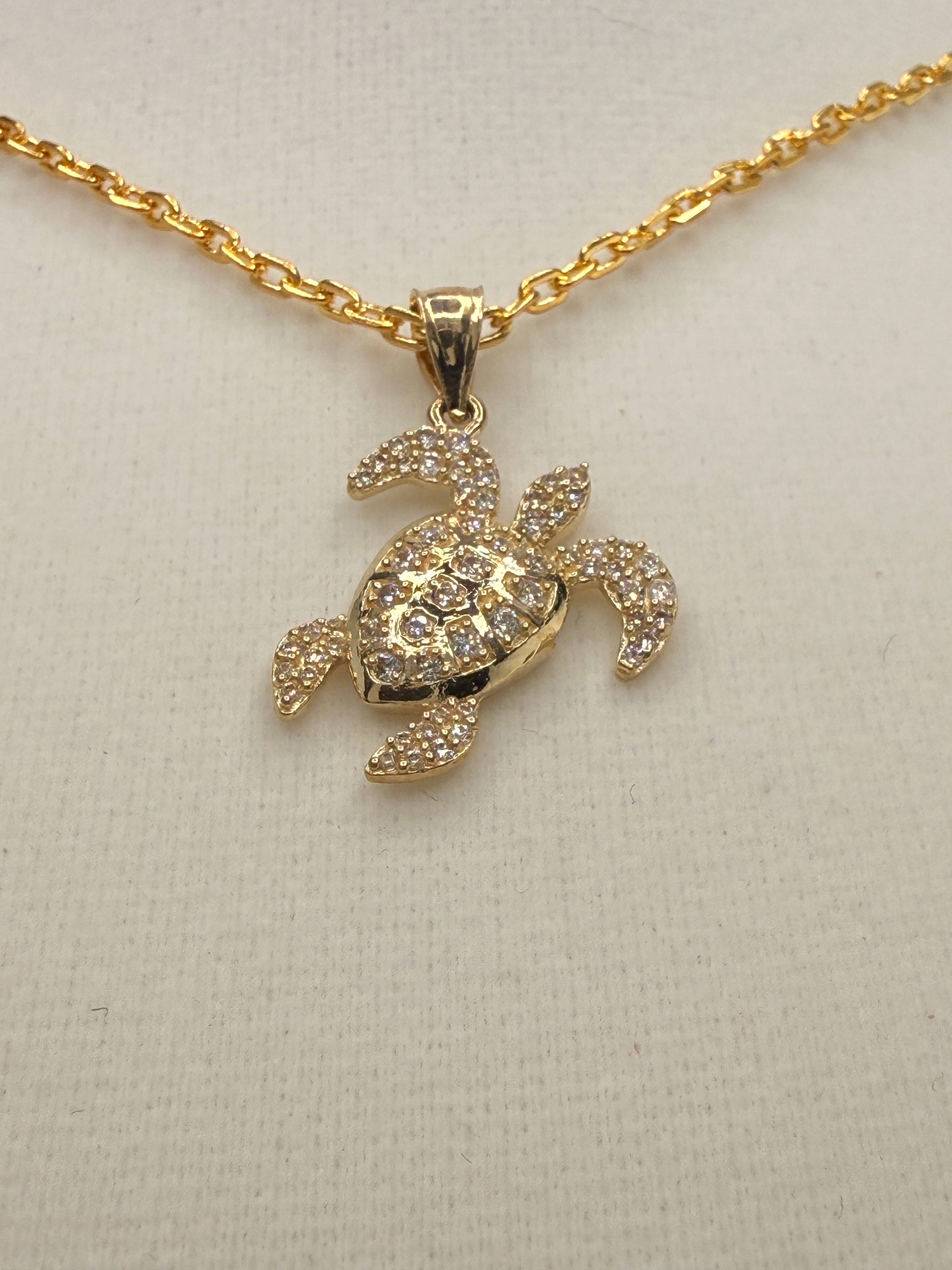 14K Gold CZ Diamond Turtle Pendant