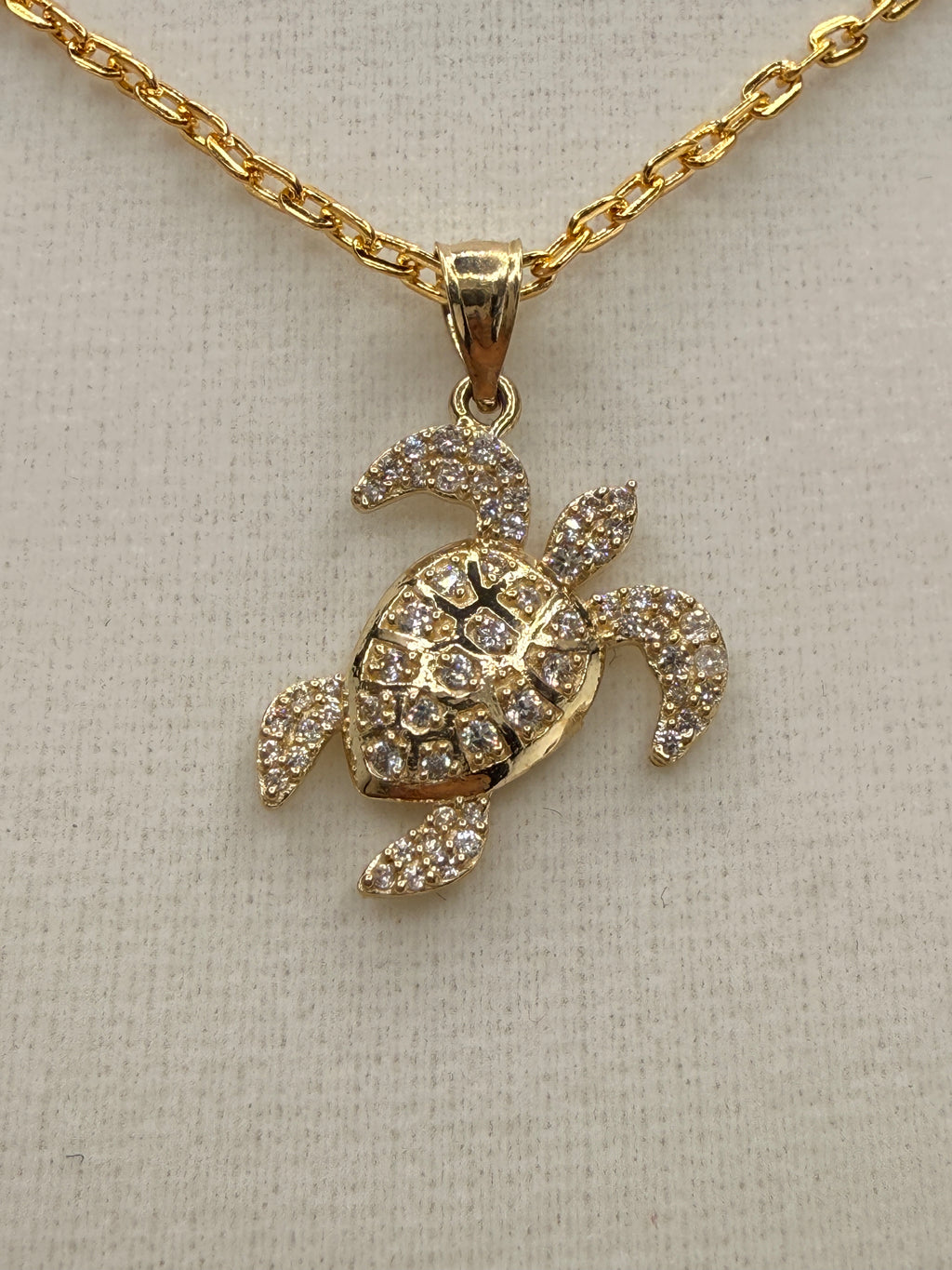 14K Gold CZ Diamond Turtle Pendant