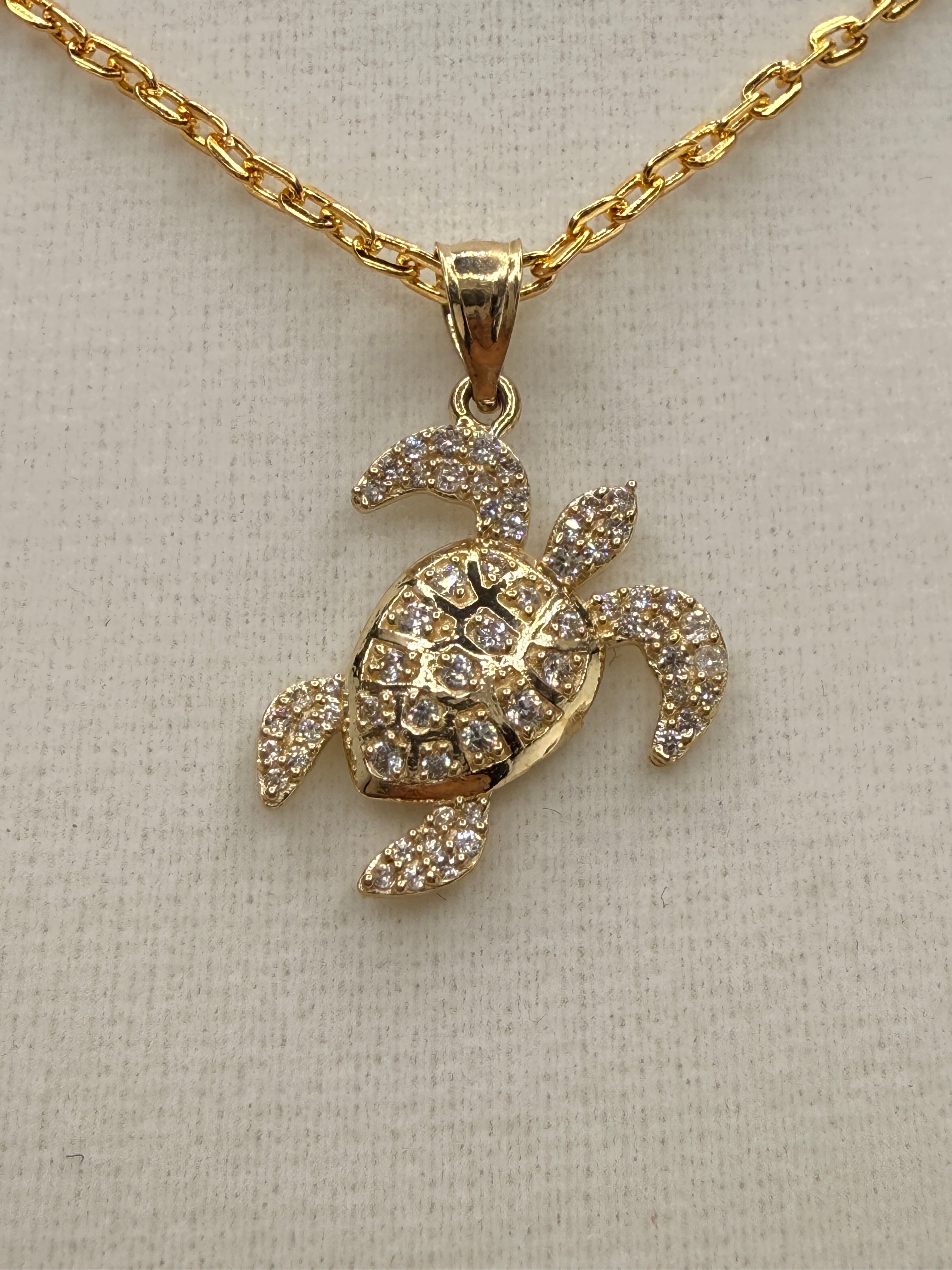 14K Gold CZ Diamond Turtle Pendant
