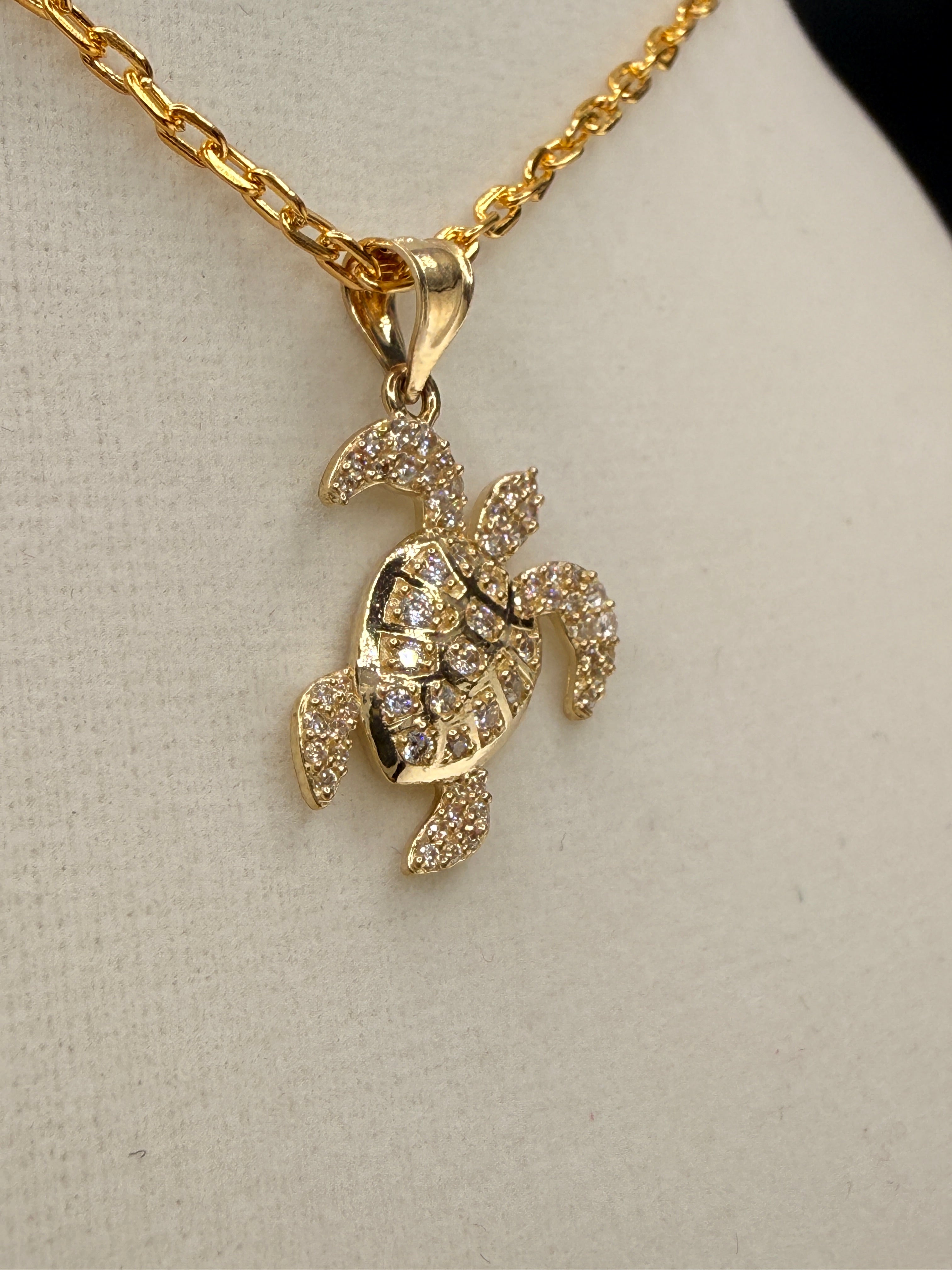 14K Gold CZ Diamond Turtle Pendant