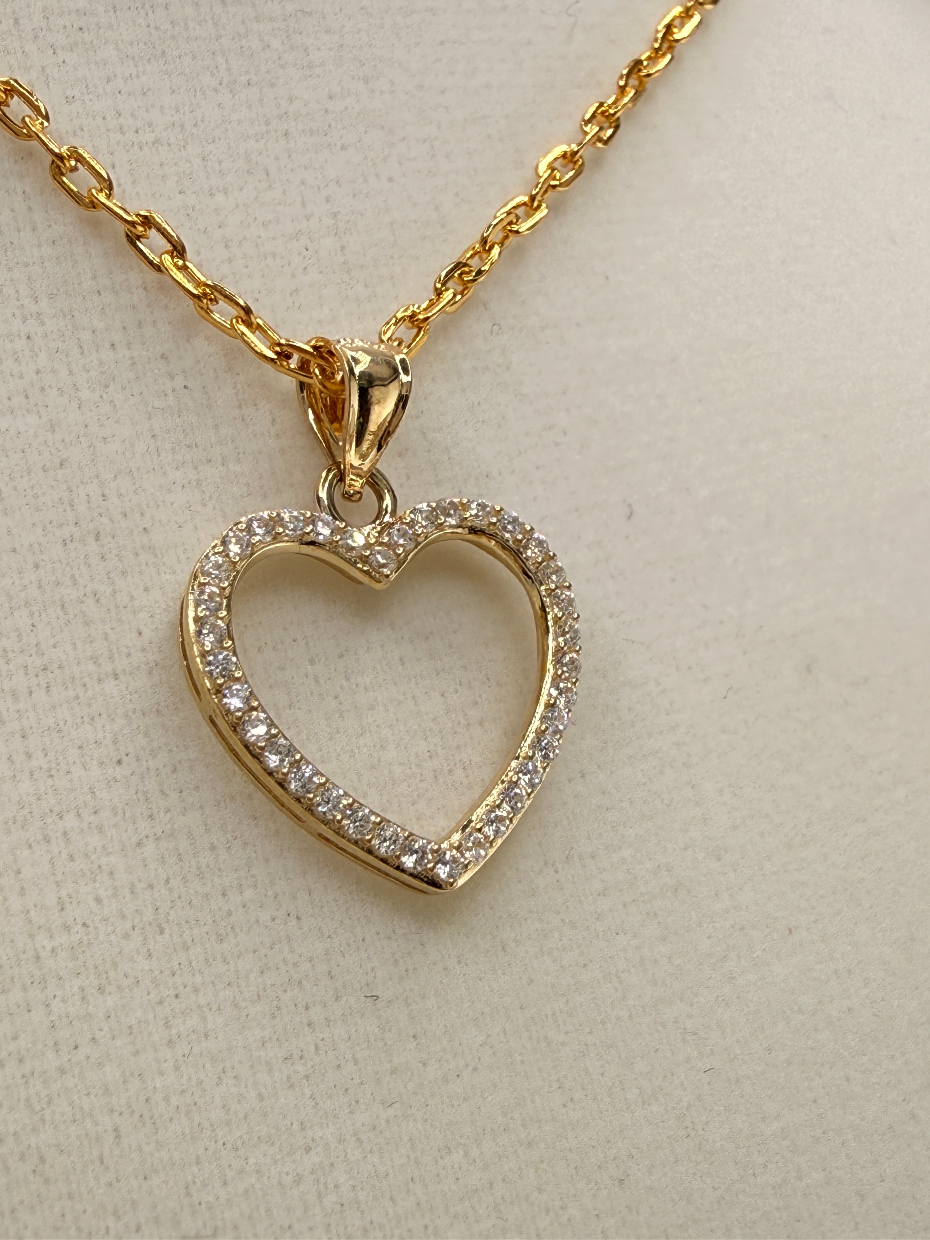 14K Solid Gold CZ Diamond Open Heart Pendant