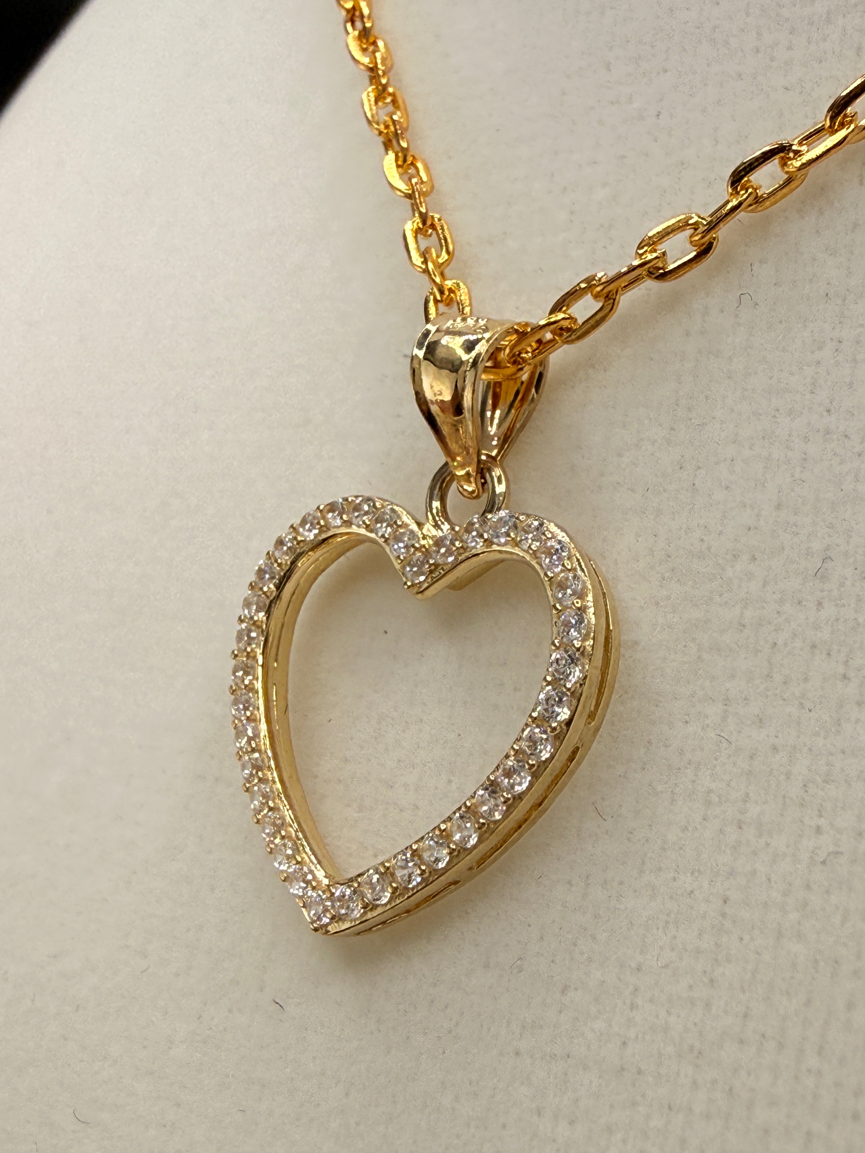 14K Solid Gold CZ Diamond Open Heart Pendant