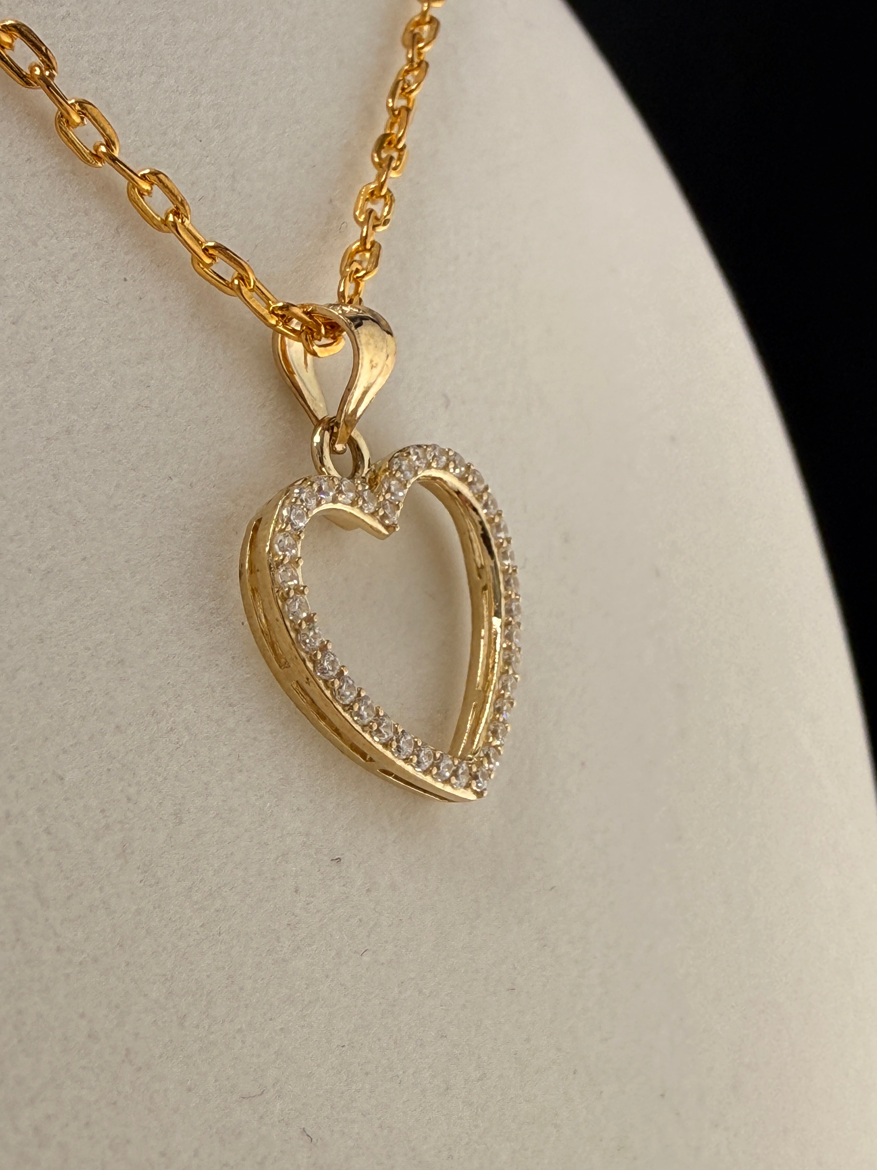 14K Solid Gold CZ Diamond Open Heart Pendant