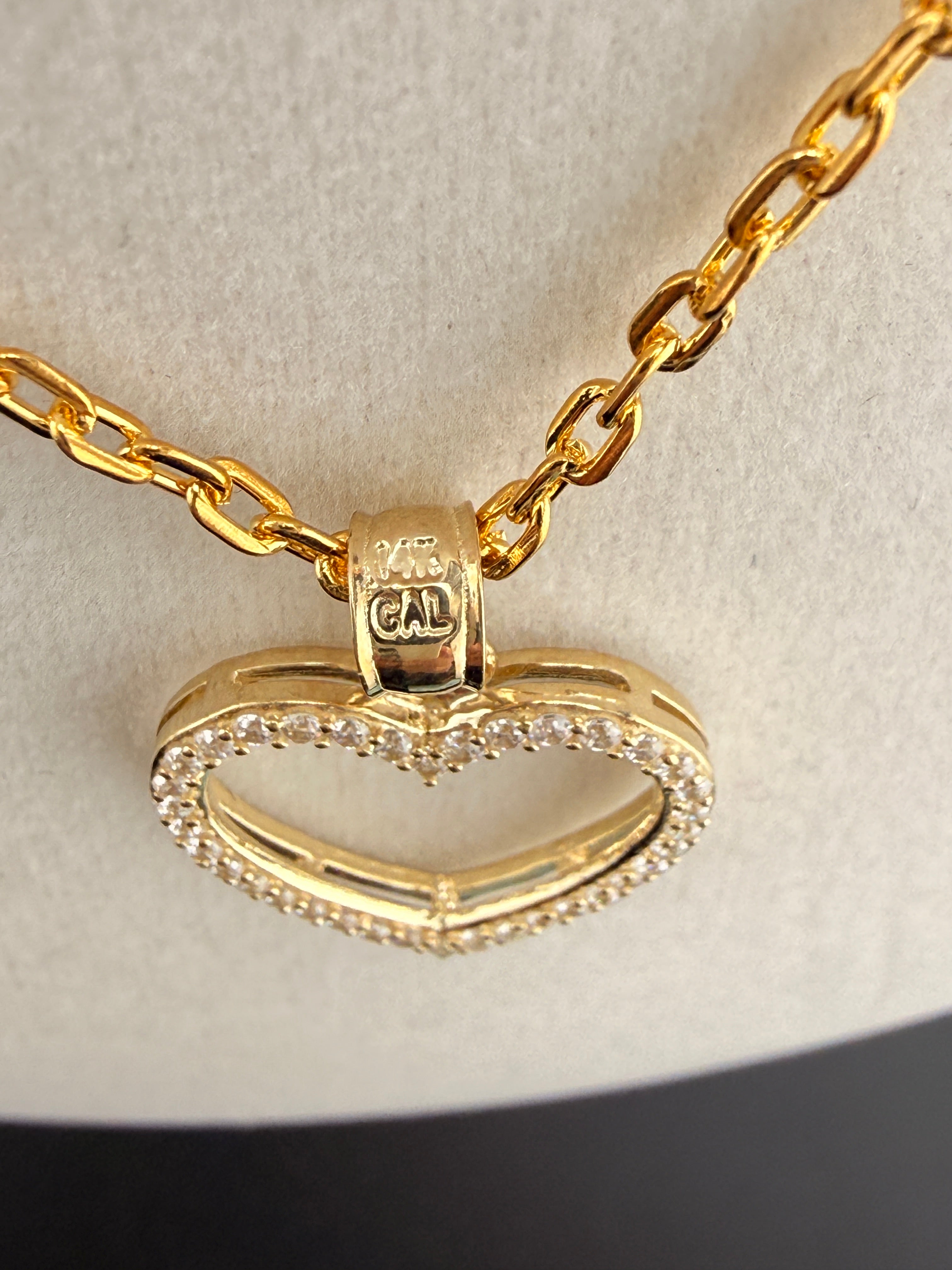 14K Solid Gold CZ Diamond Open Heart Pendant