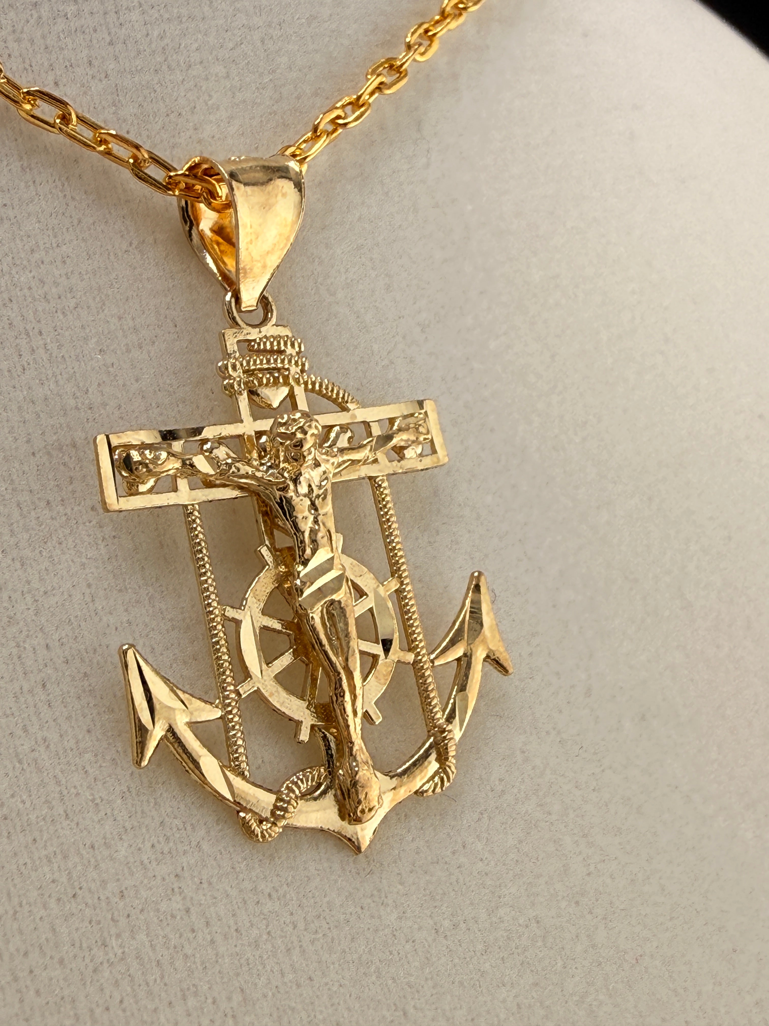 14K Solid Gold Nautical Anchor Jesus on Cross Pendant