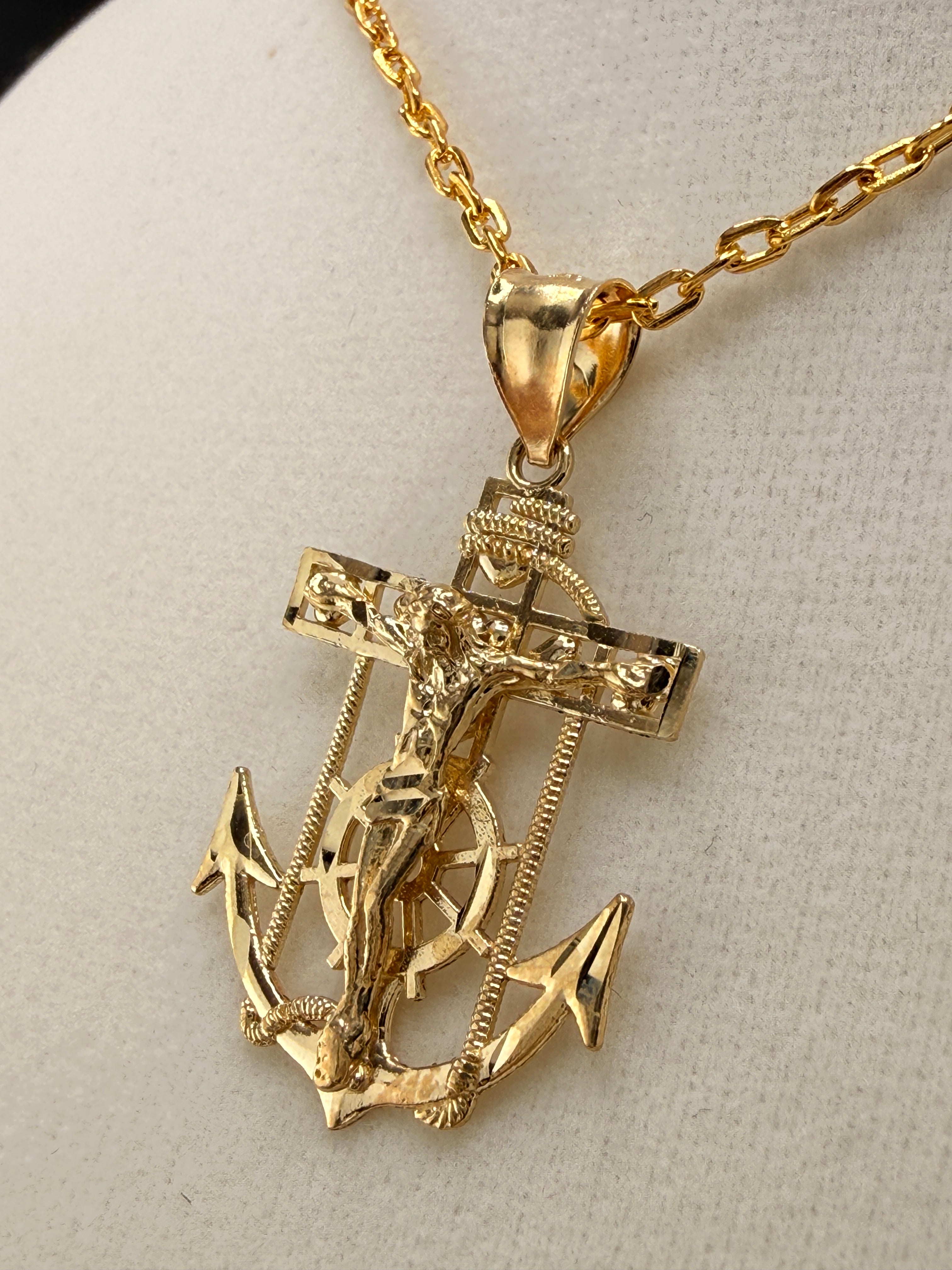 14K Solid Gold Nautical Anchor Jesus on Cross Pendant