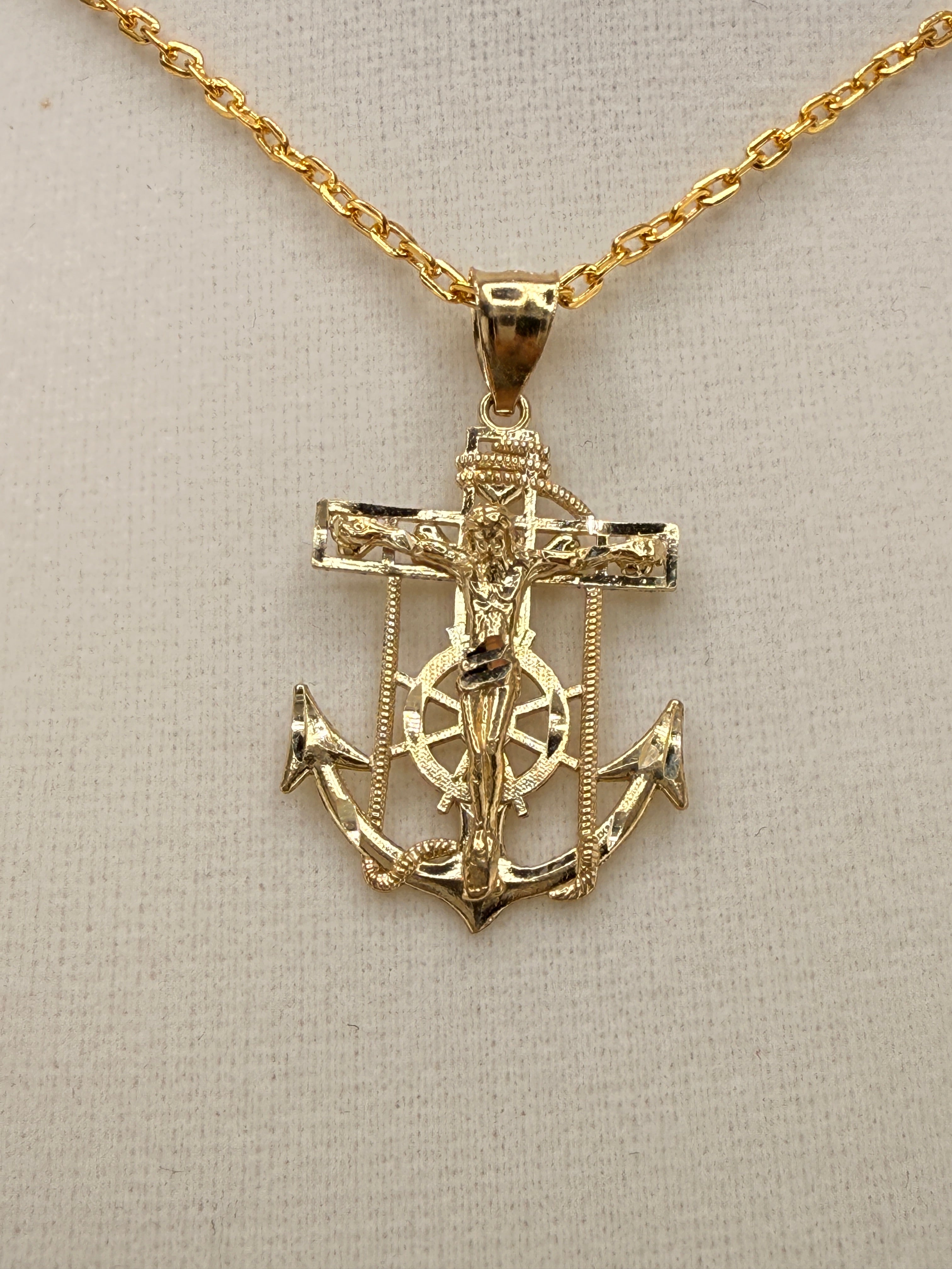 14K Solid Gold Nautical Anchor Jesus on Cross Pendant