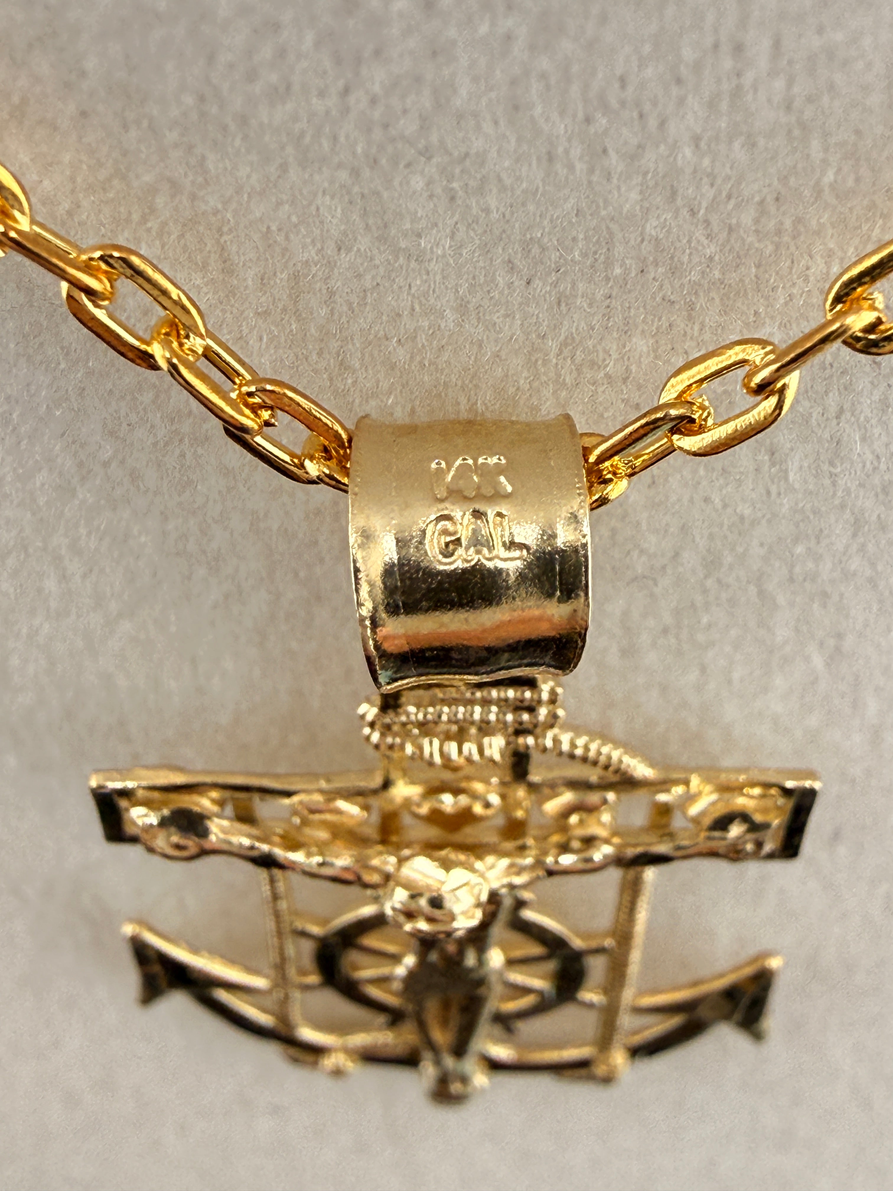 14K Solid Gold Nautical Anchor Jesus on Cross Pendant