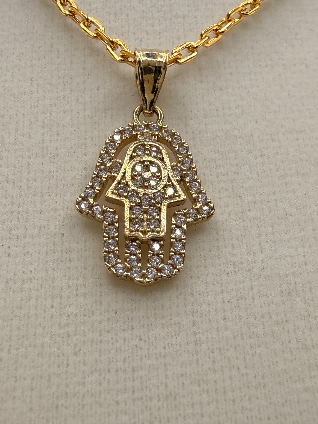 14K Solid Gold CZ Diamond-Encrusted Hamsa Hand Pendant