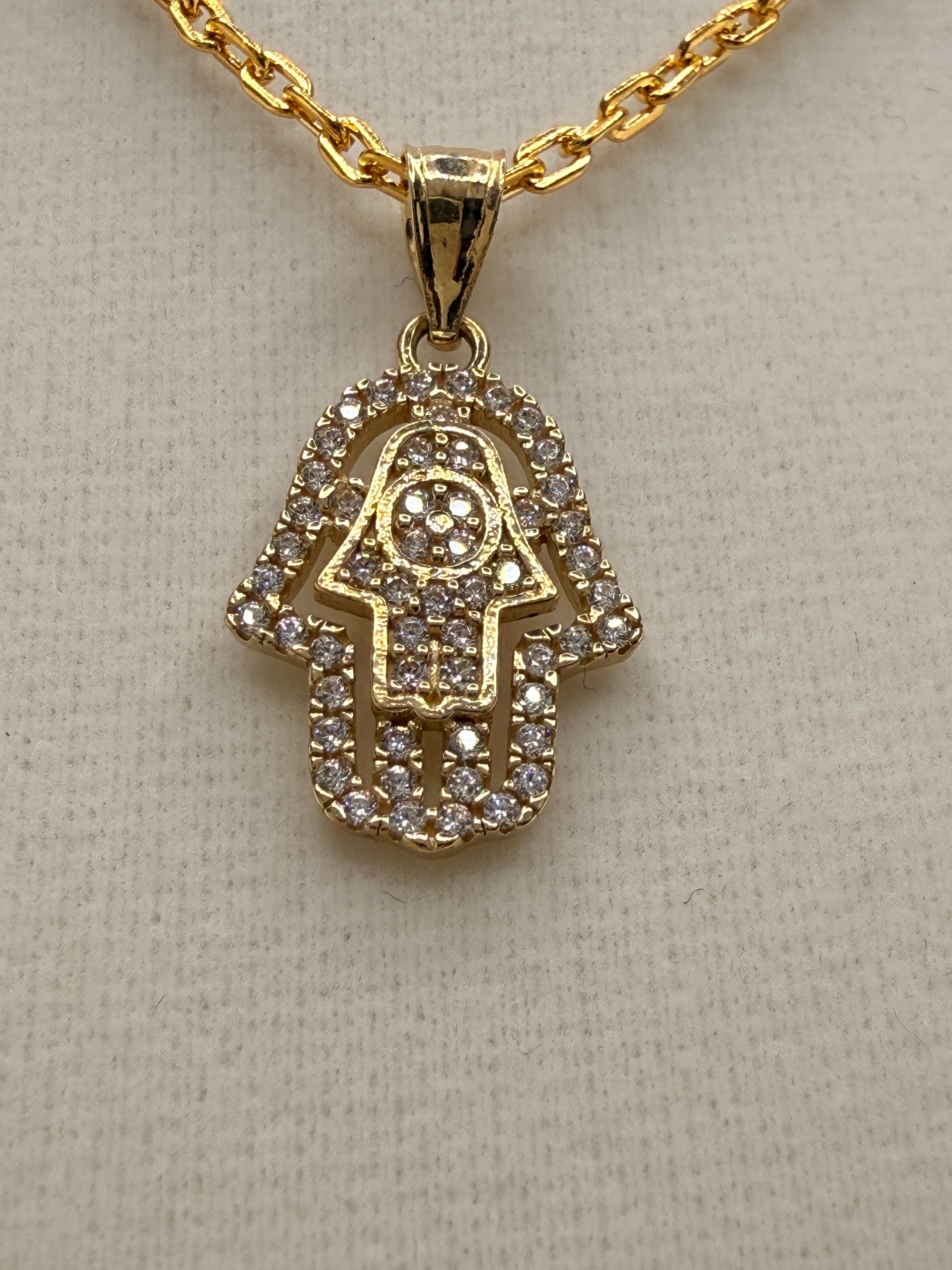 14K Solid Gold CZ Diamond-Encrusted Hamsa Hand Pendant