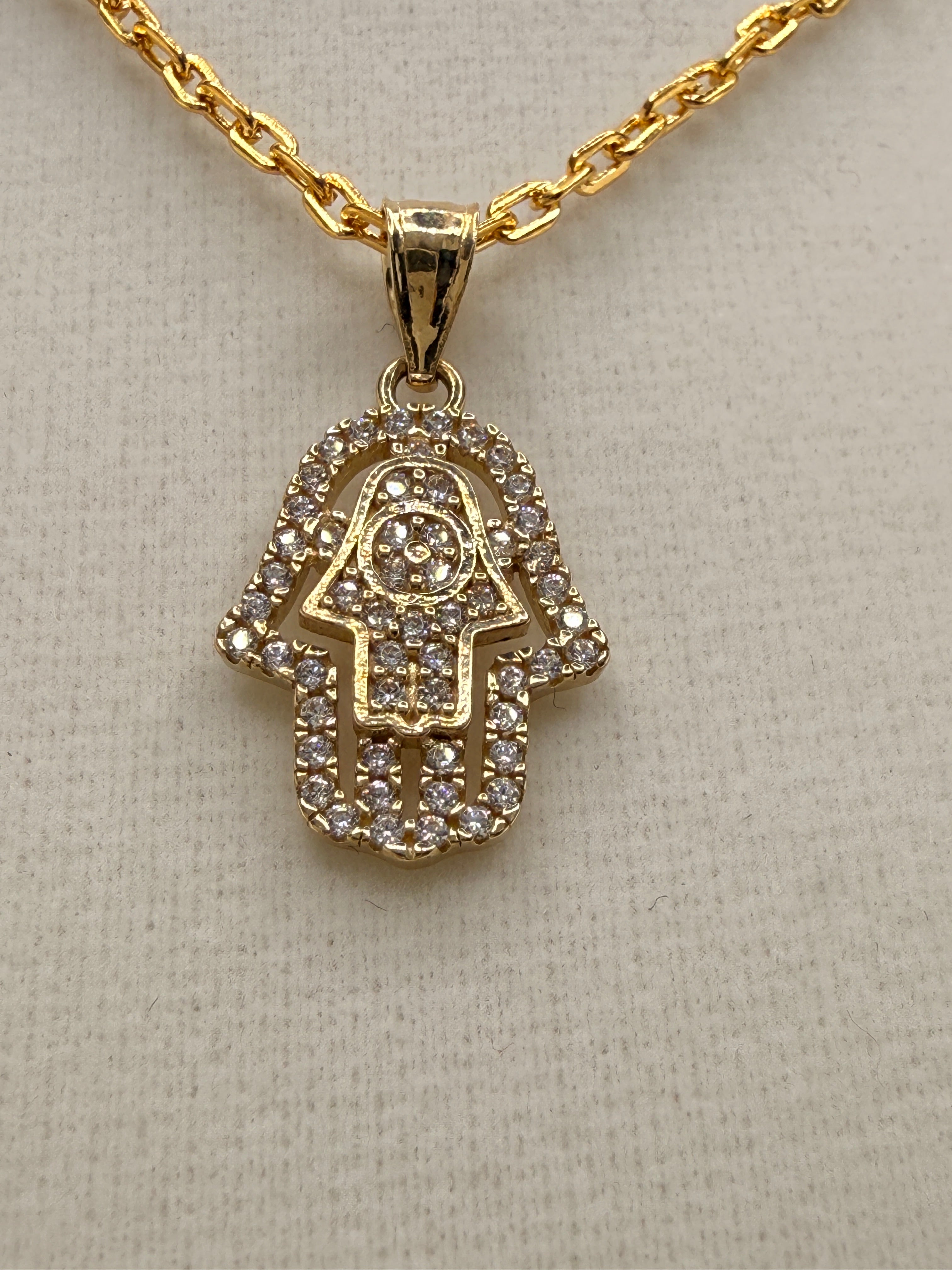 14K Solid Gold CZ Diamond-Encrusted Hamsa Hand Pendant