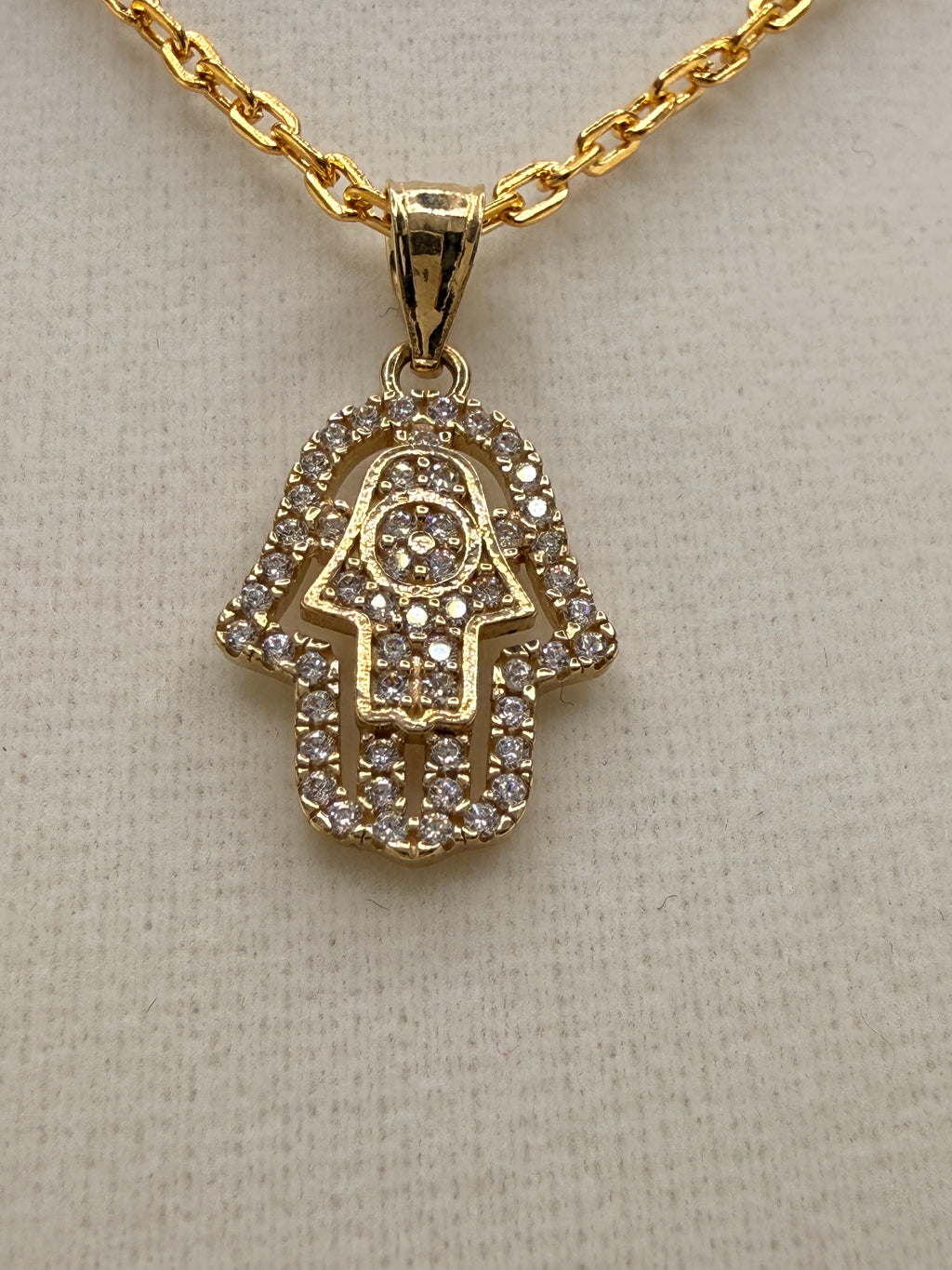 14K Solid Gold CZ Diamond-Encrusted Hamsa Hand Pendant