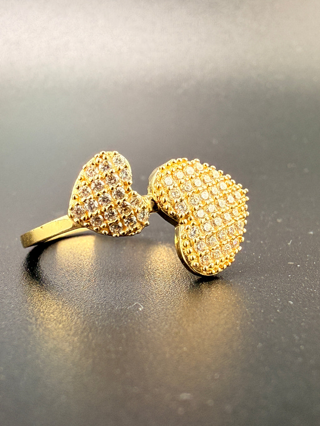 14K Solid Gold CZ Diamond Double Heart Ring