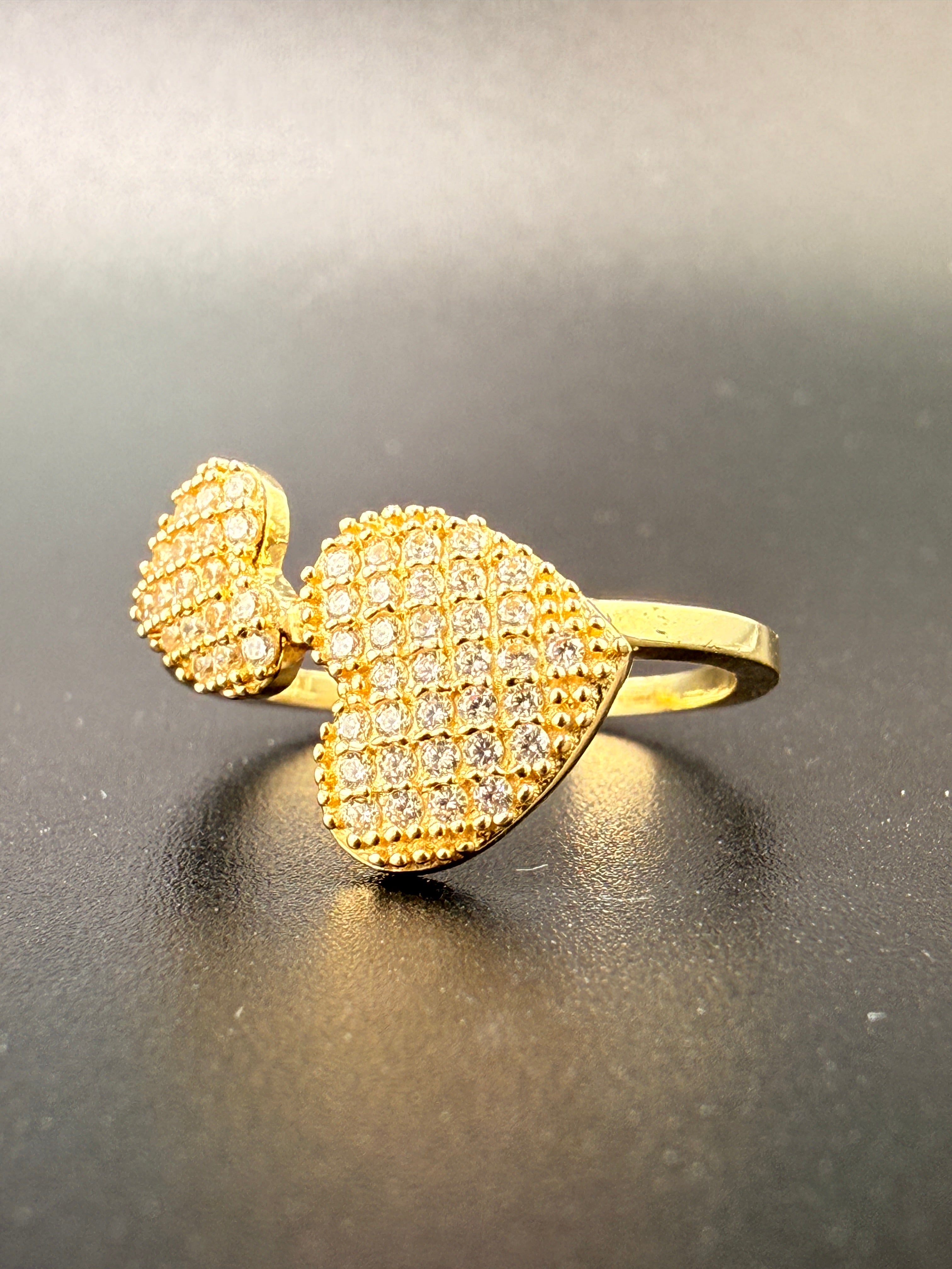 14K Solid Gold CZ Diamond Double Heart Ring