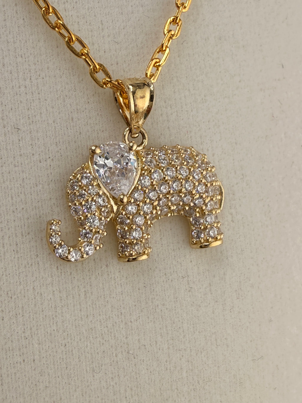 14K Solid Gold CZ Diamond-Encrusted Elephant Pendant