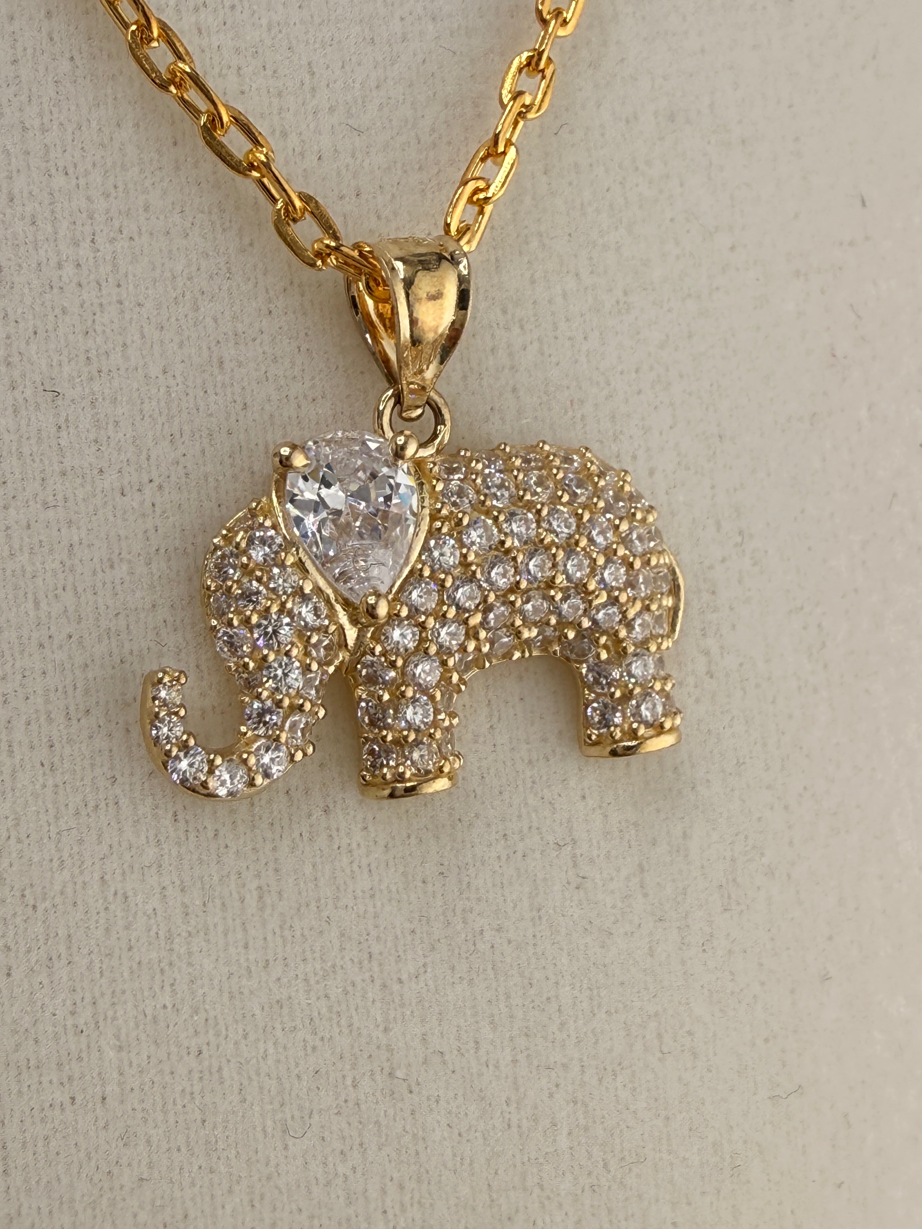 14K Solid Gold CZ Diamond-Encrusted Elephant Pendant