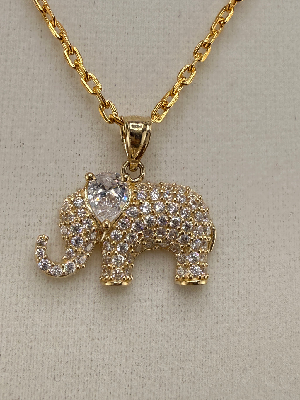 14K Solid Gold CZ Diamond-Encrusted Elephant Pendant