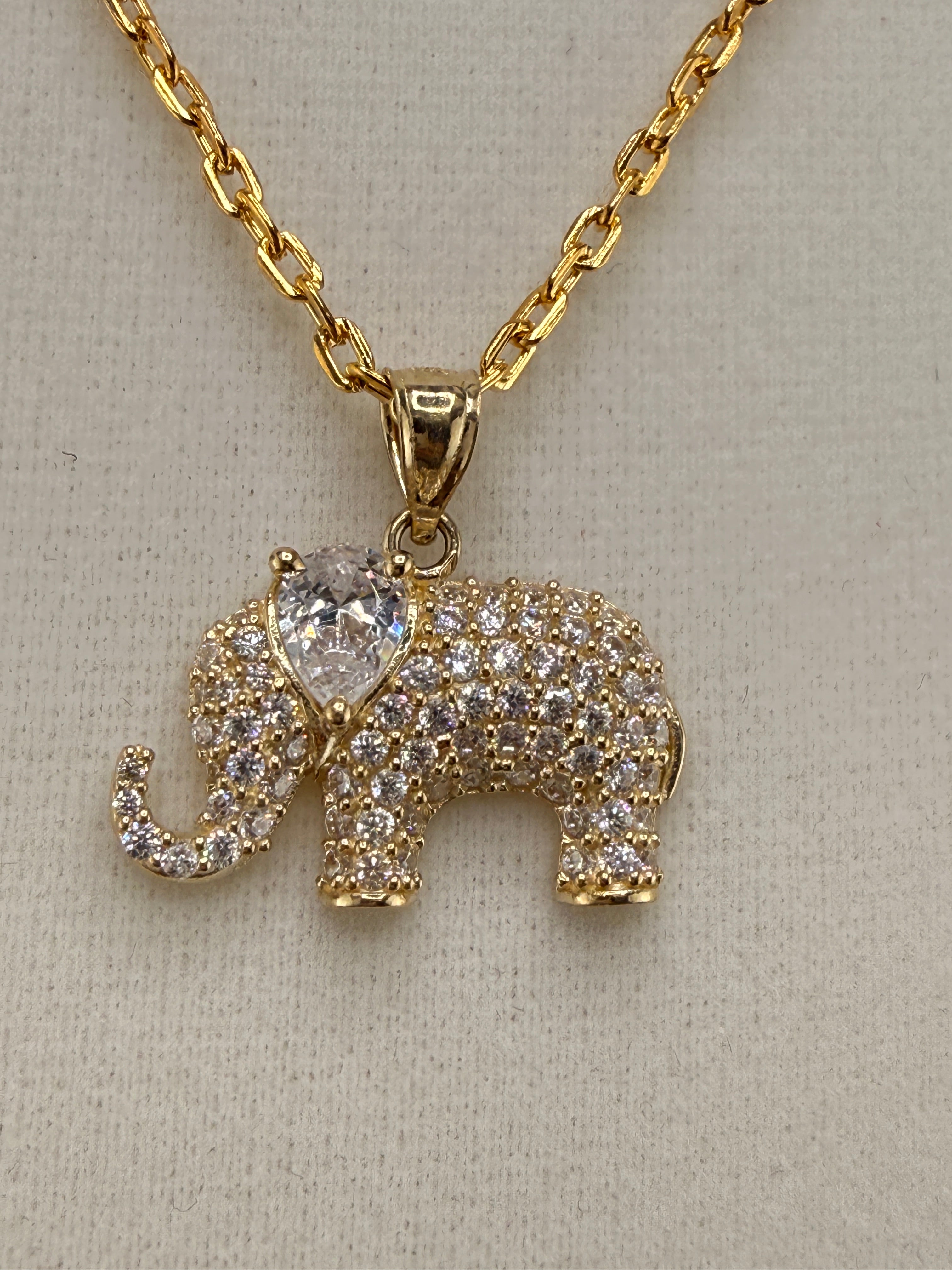 14K Solid Gold CZ Diamond-Encrusted Elephant Pendant