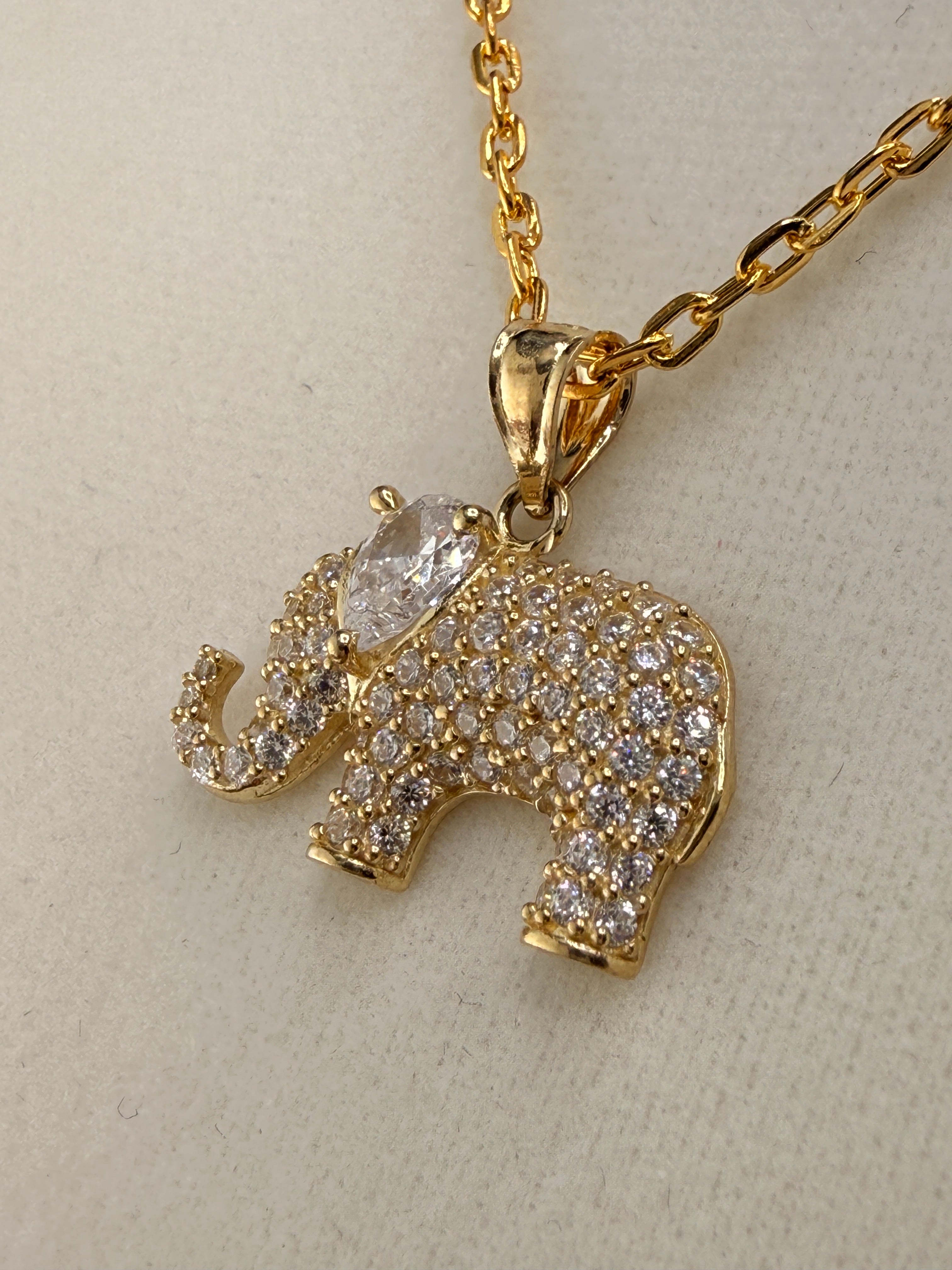 14K Solid Gold CZ Diamond-Encrusted Elephant Pendant