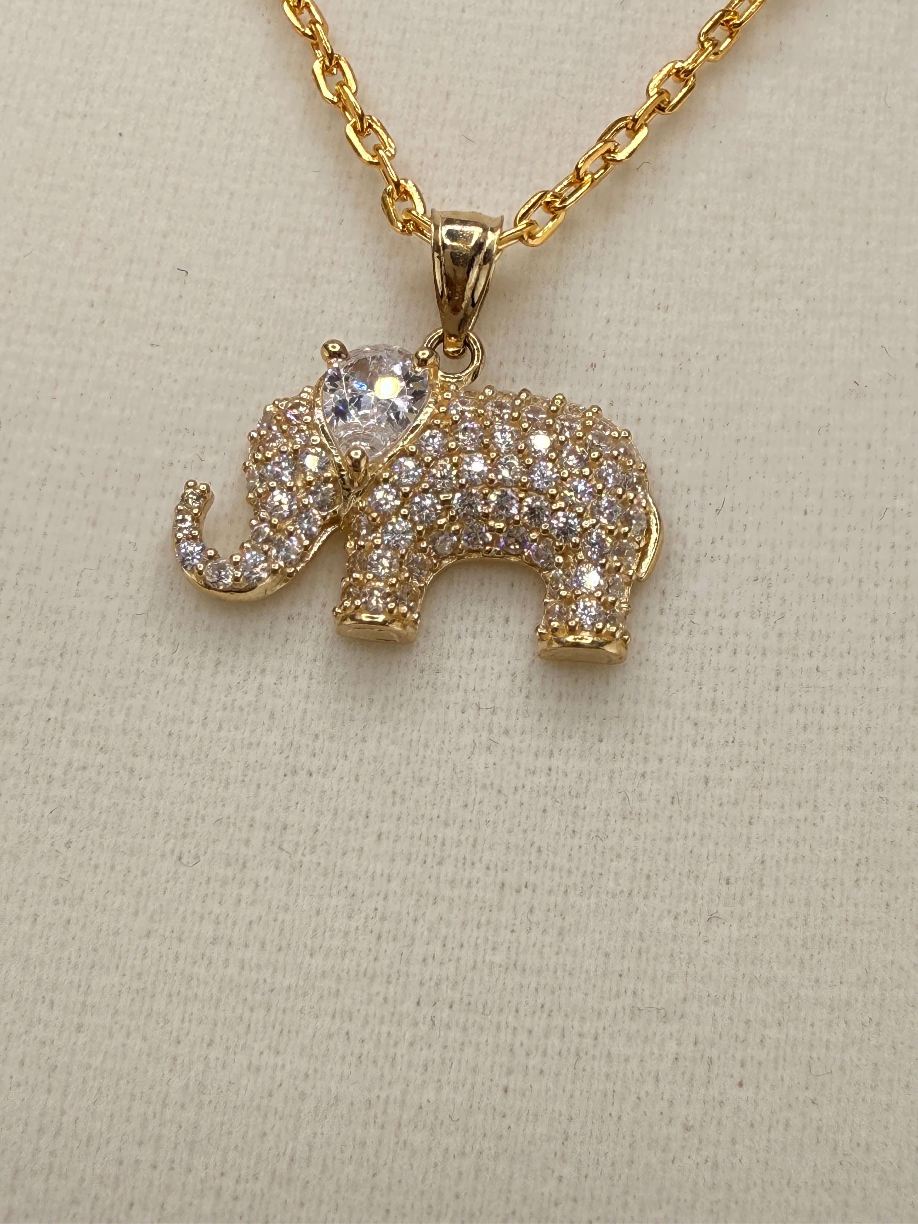 14K Solid Gold CZ Diamond-Encrusted Elephant Pendant