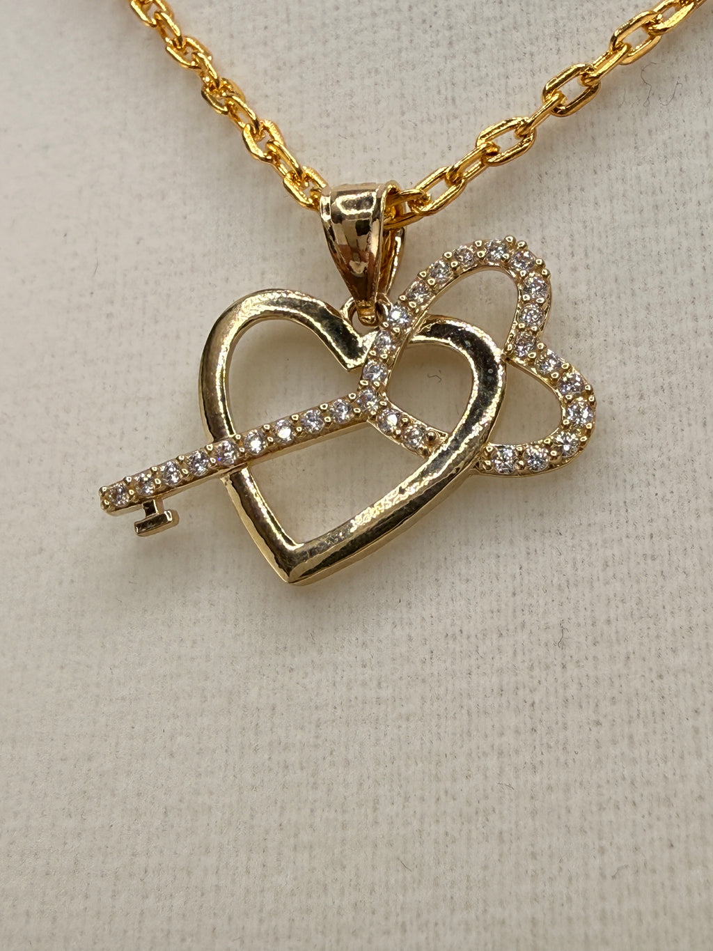 14K Solid Gold CZ Diamond “Key to My Heart” Pendant