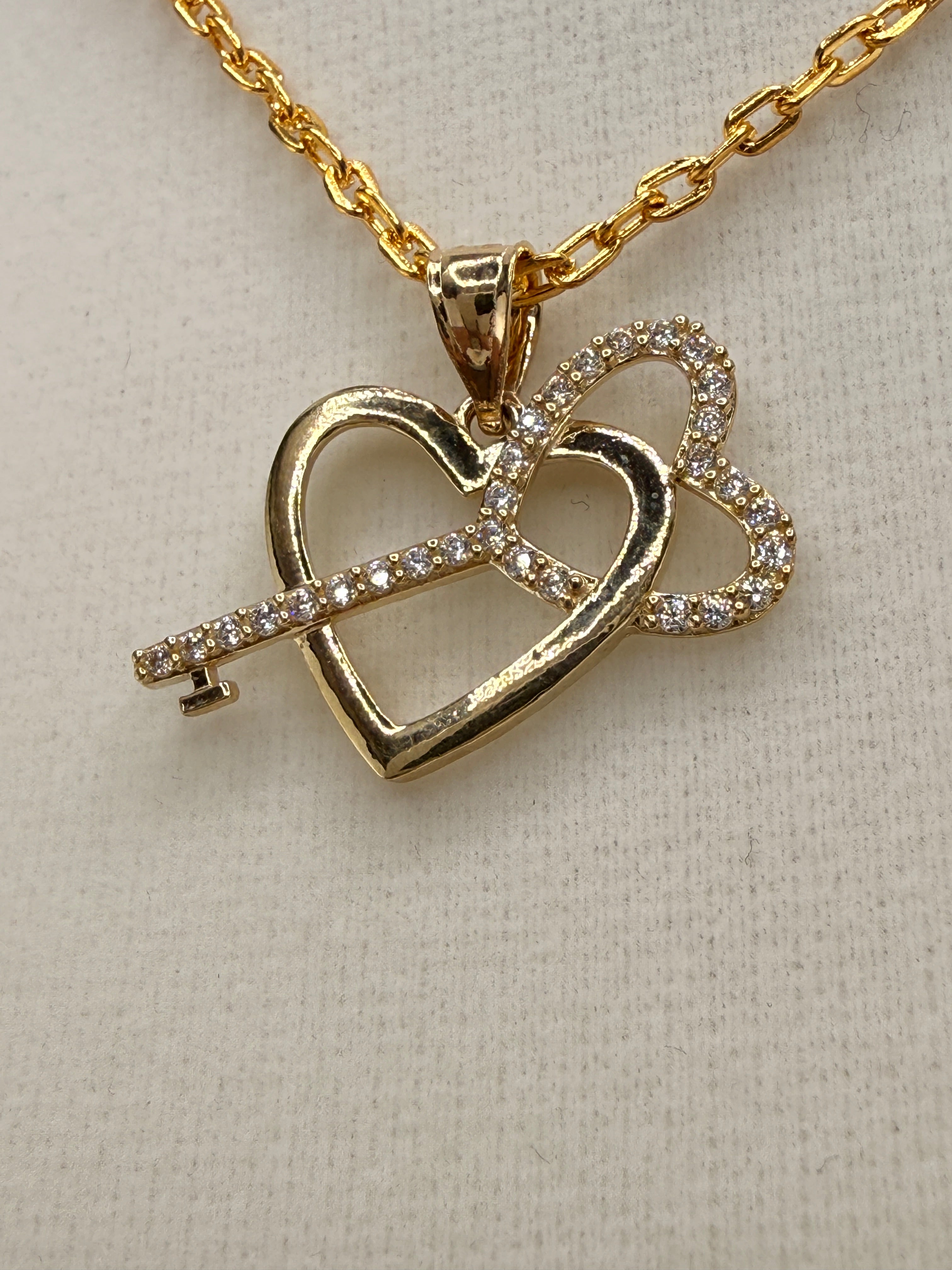 14K Solid Gold CZ Diamond “Key to My Heart” Pendant