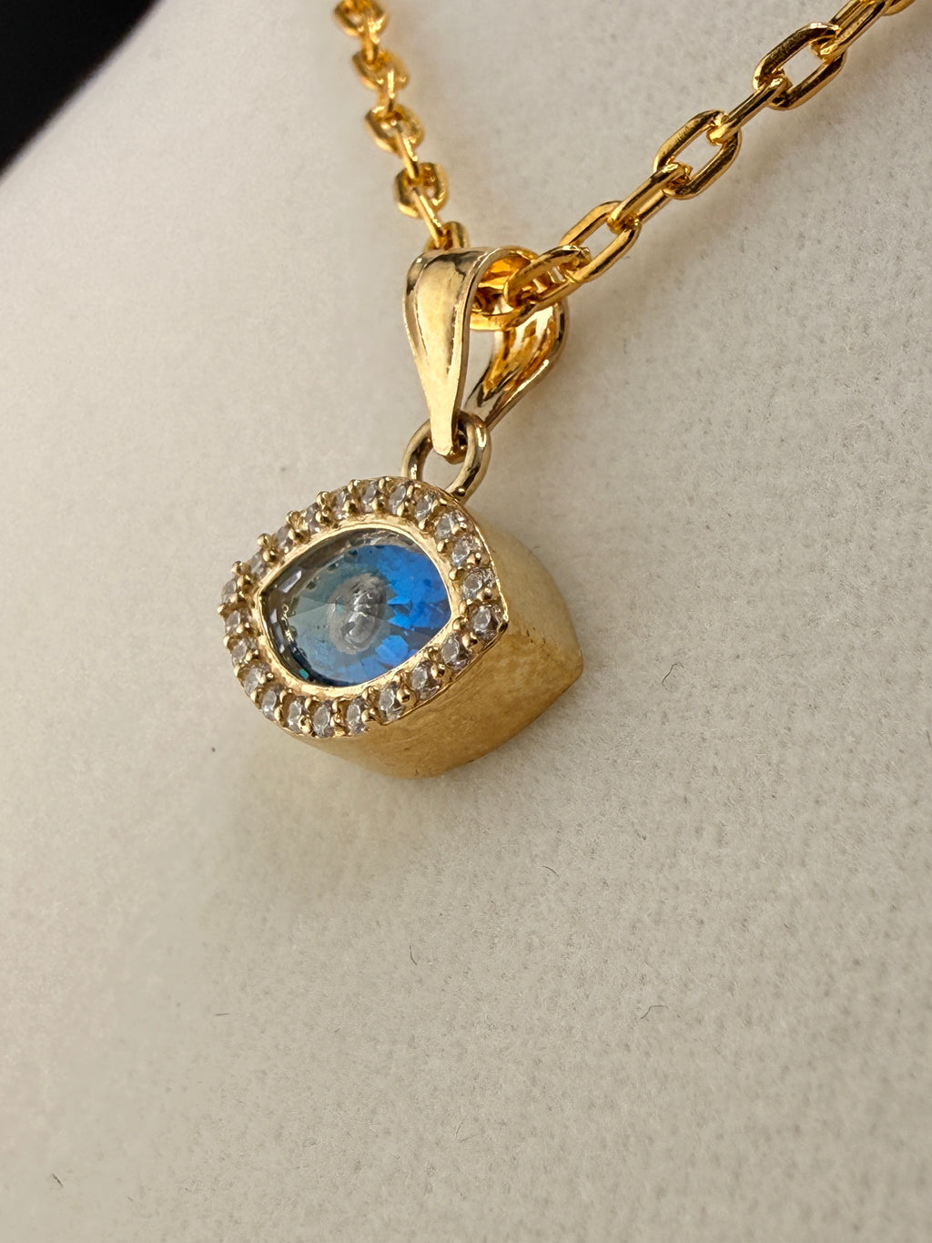 14K Solid Gold CZ Diamond Blue Evil Eye Pendant
