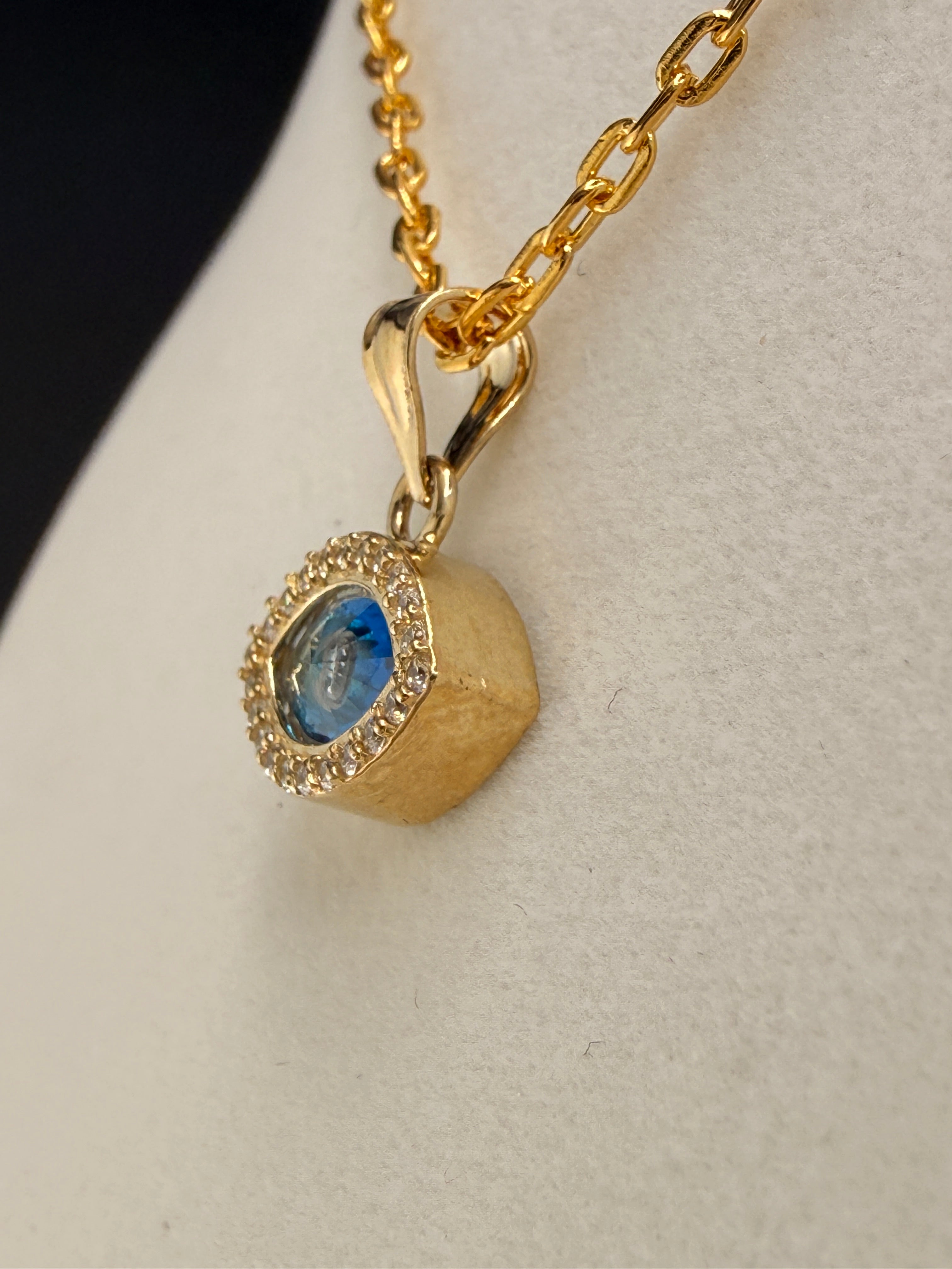 14K Solid Gold CZ Diamond Blue Evil Eye Pendant