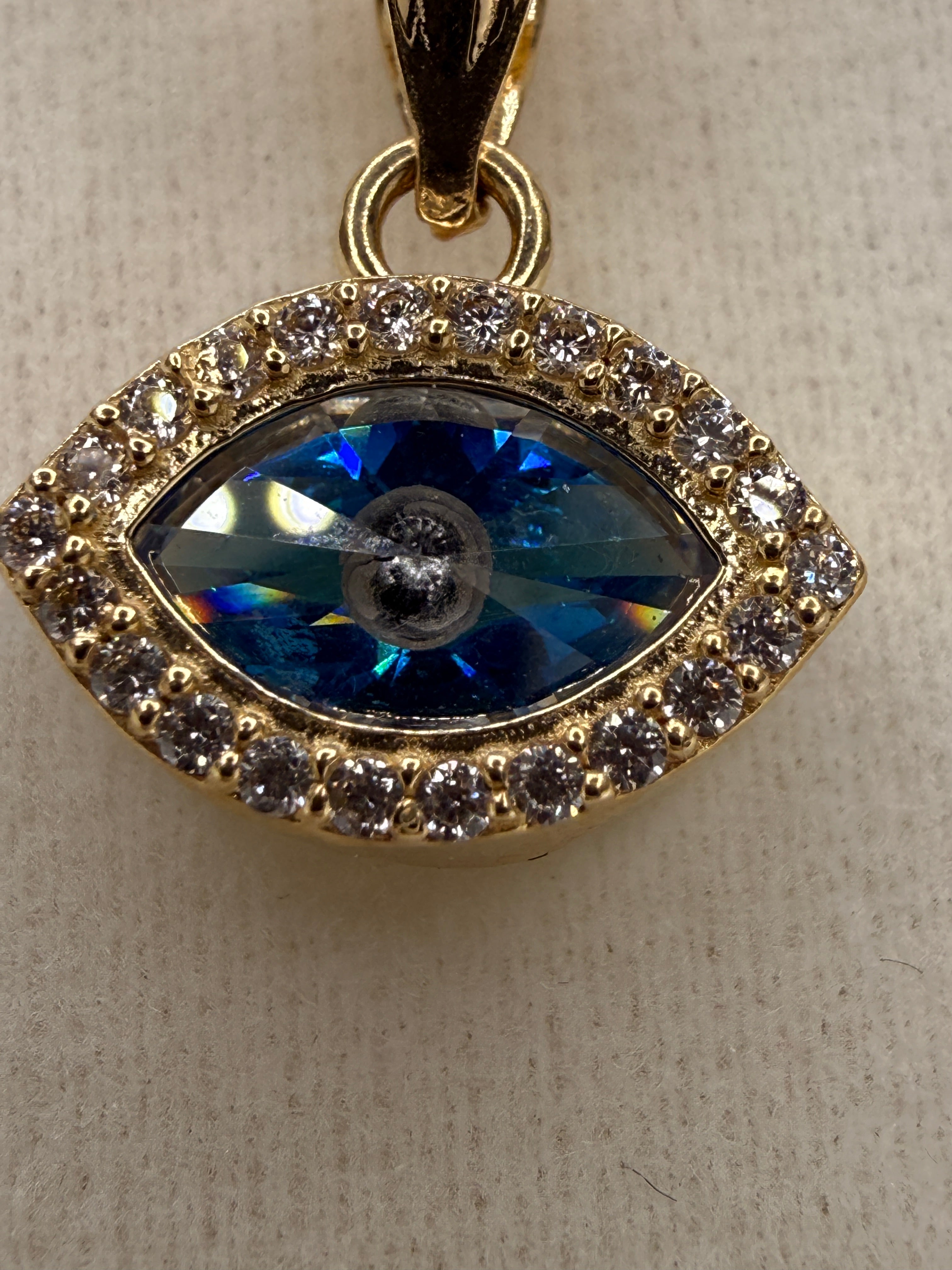 14K Solid Gold CZ Diamond Blue Evil Eye Pendant