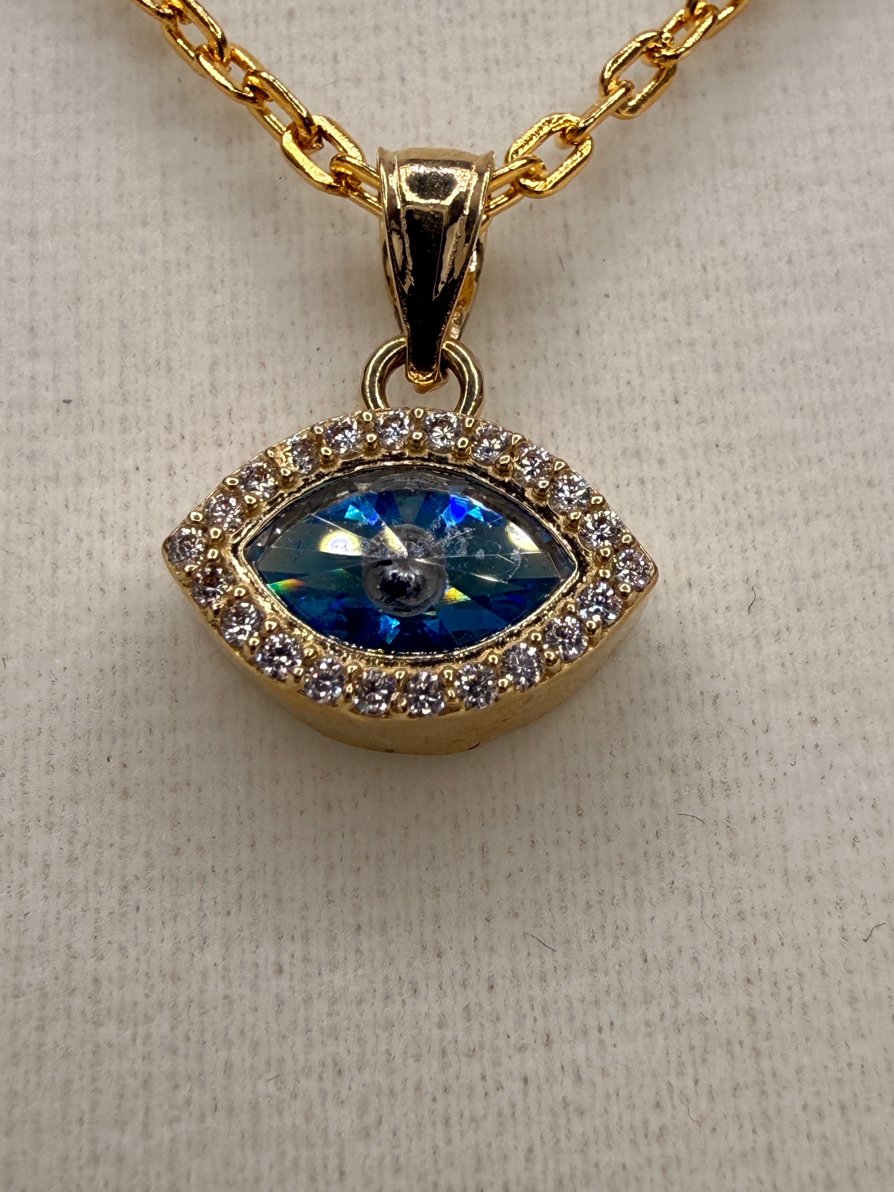 14K Solid Gold CZ Diamond Blue Evil Eye Pendant