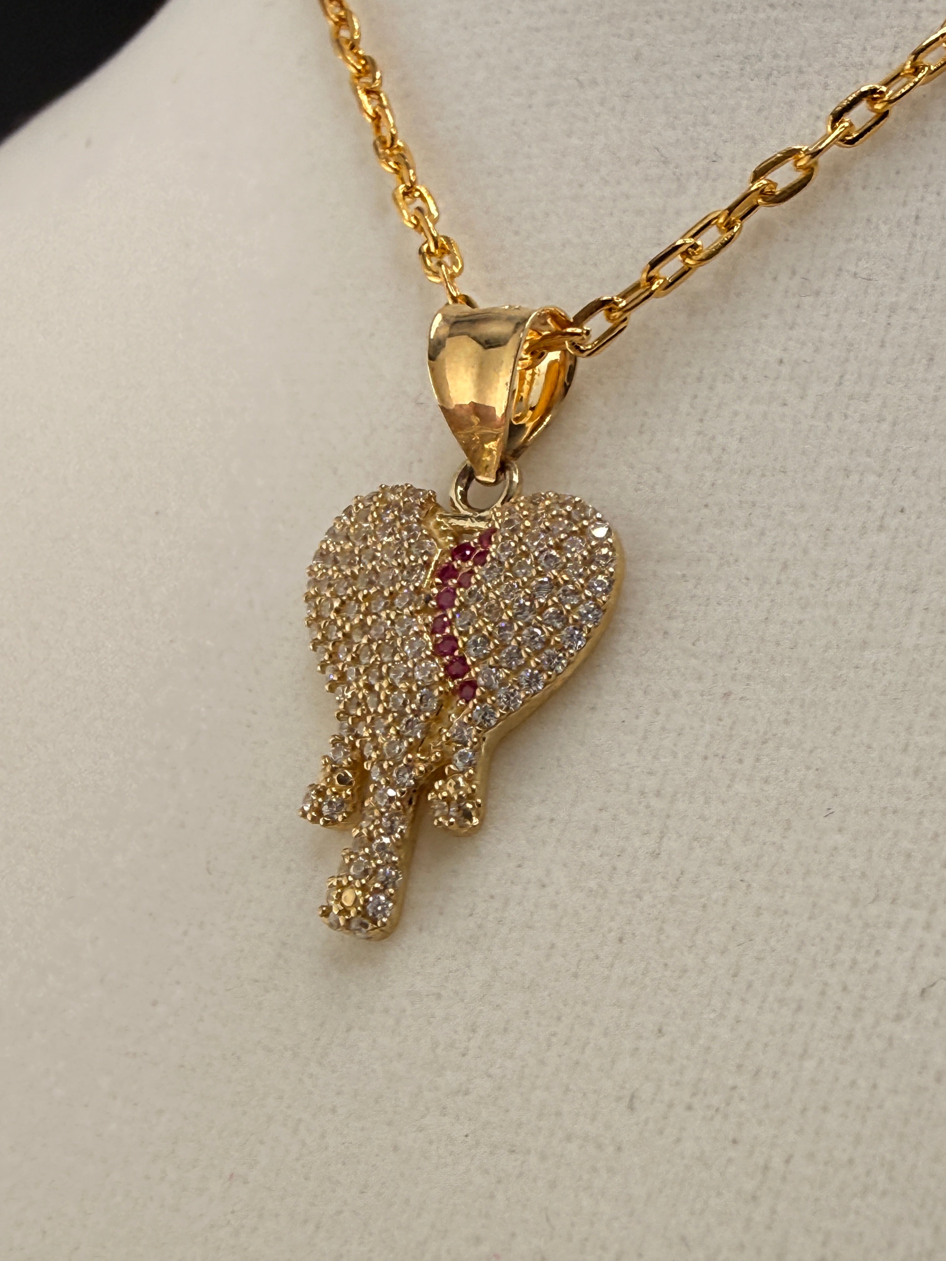 14K Solid Gold CZ Diamond-Encrusted Bleeding Heart Pendant