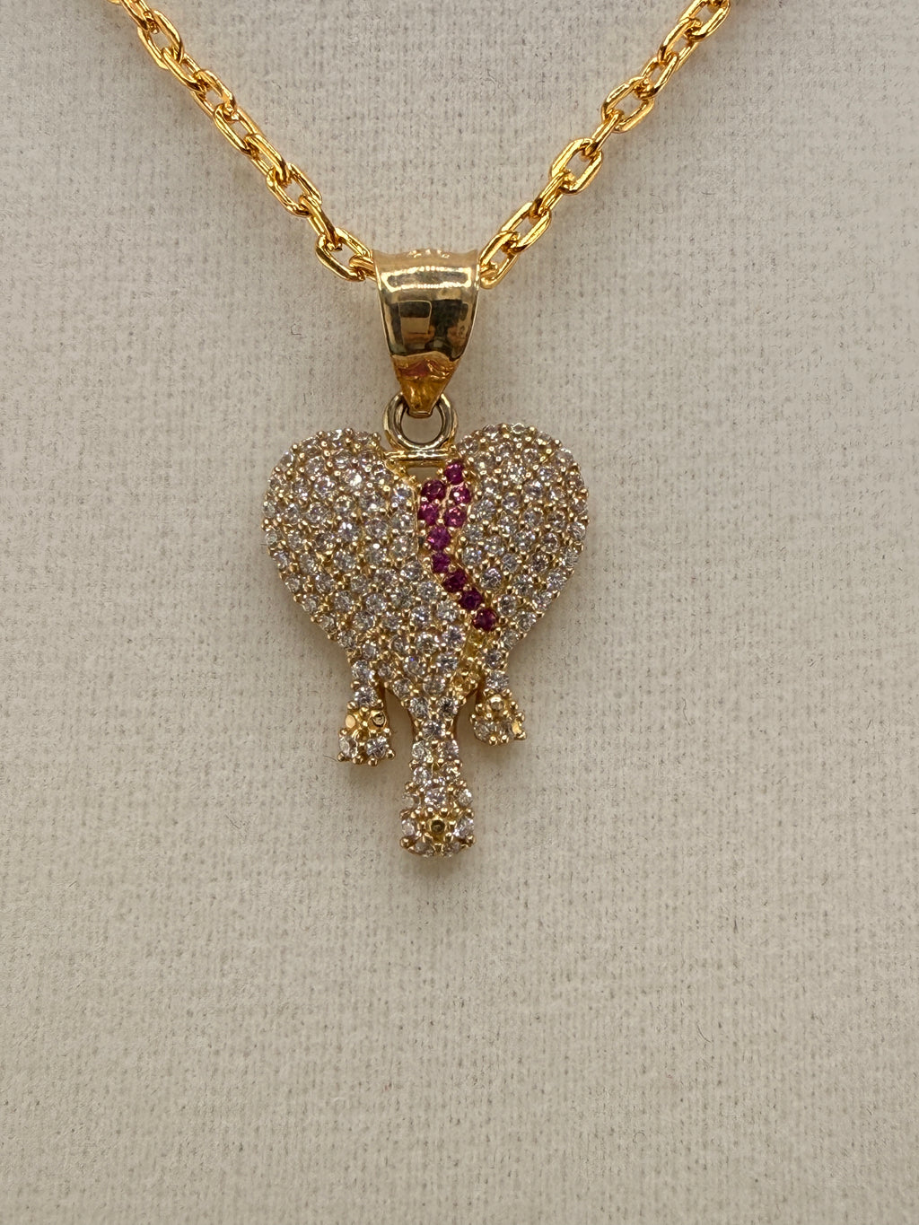 14K Solid Gold CZ Diamond-Encrusted Bleeding Heart Pendant