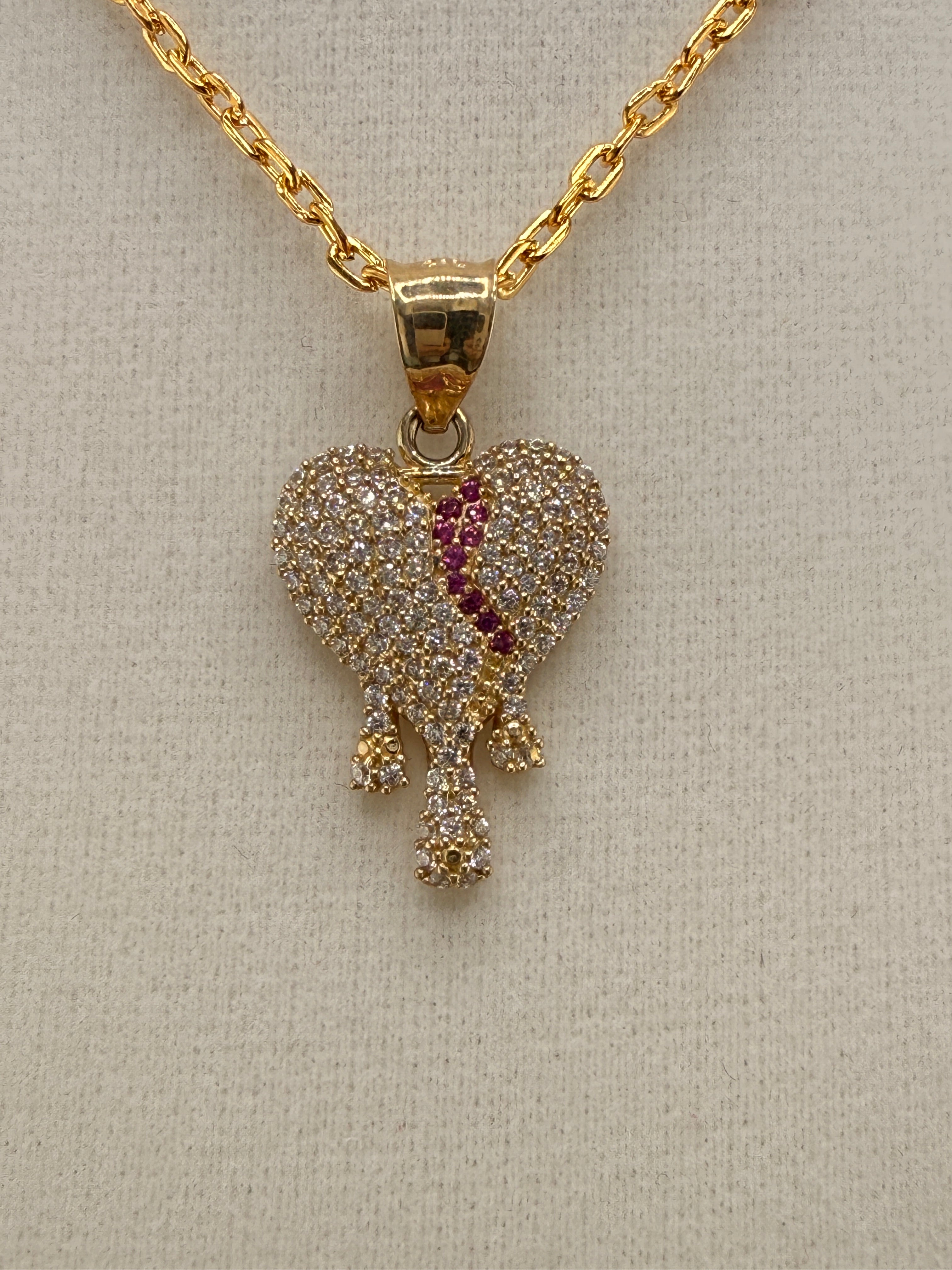 14K Solid Gold CZ Diamond-Encrusted Bleeding Heart Pendant