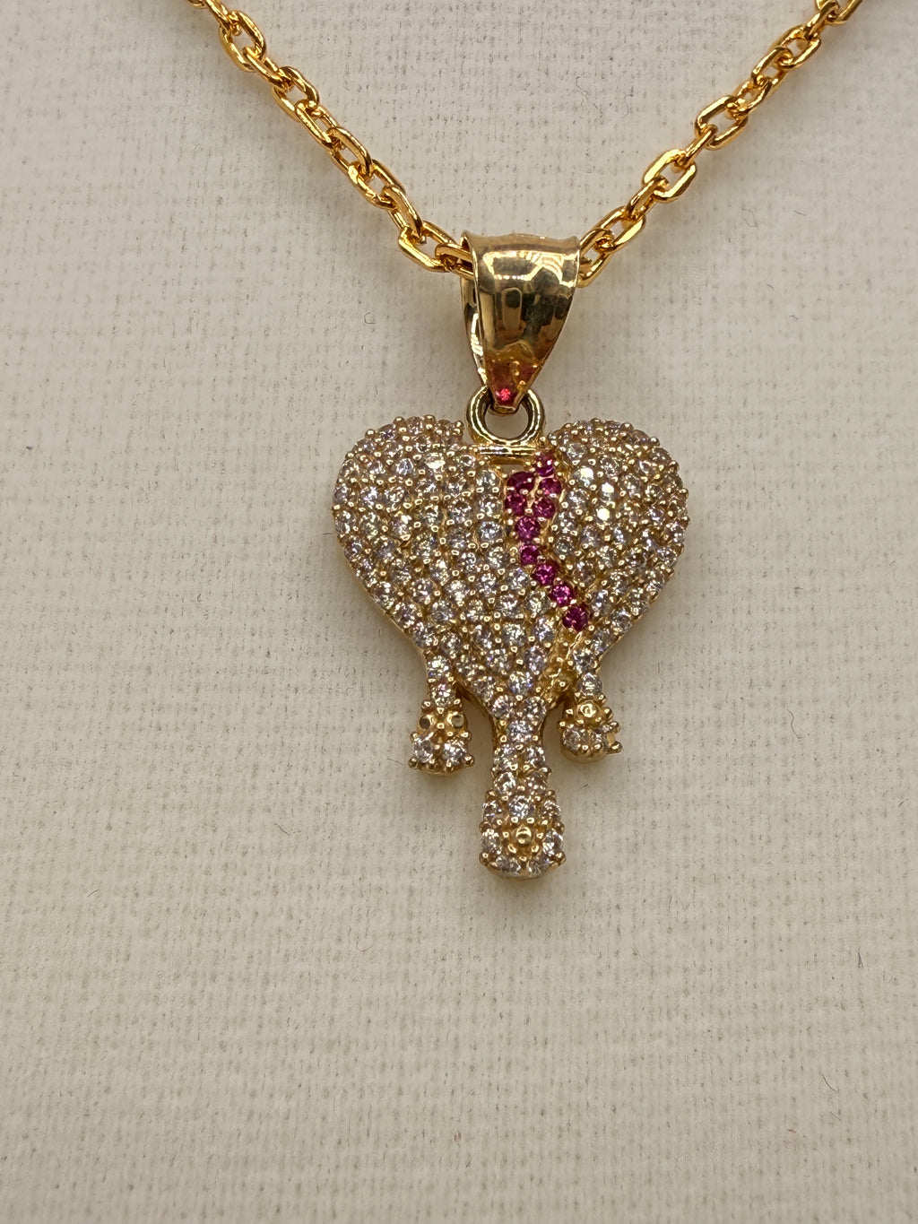 14K Solid Gold CZ Diamond-Encrusted Bleeding Heart Pendant