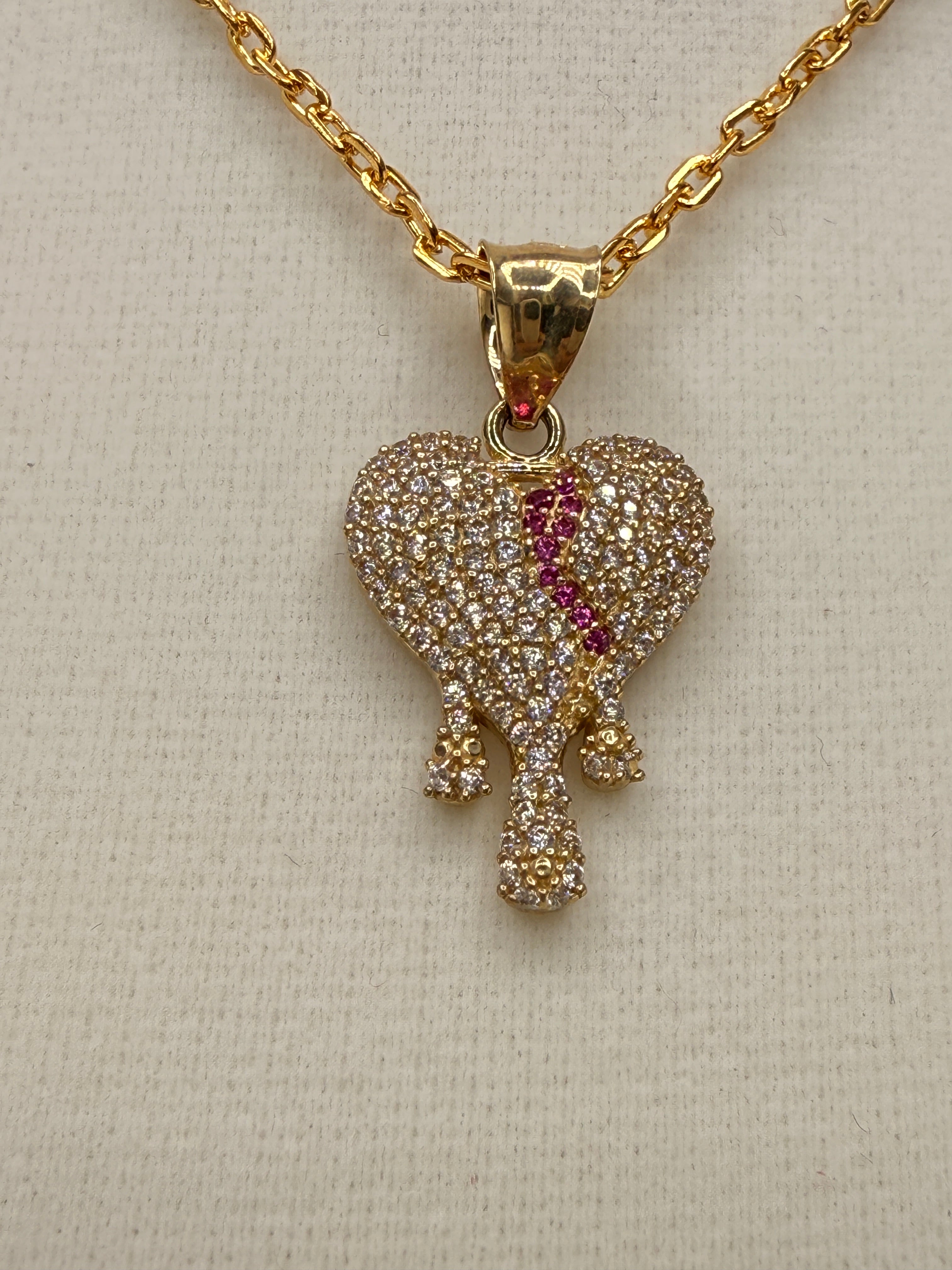 14K Solid Gold CZ Diamond-Encrusted Bleeding Heart Pendant