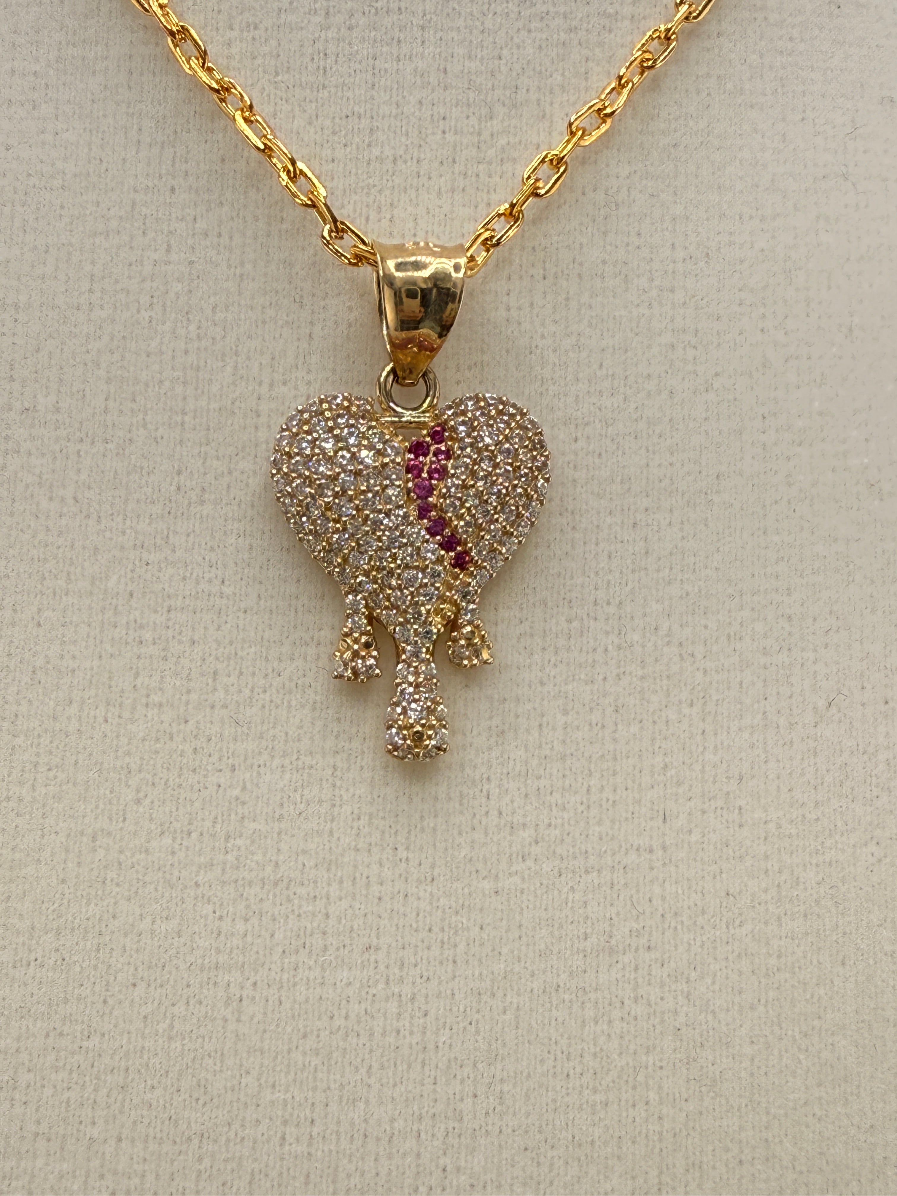 14K Solid Gold CZ Diamond-Encrusted Bleeding Heart Pendant