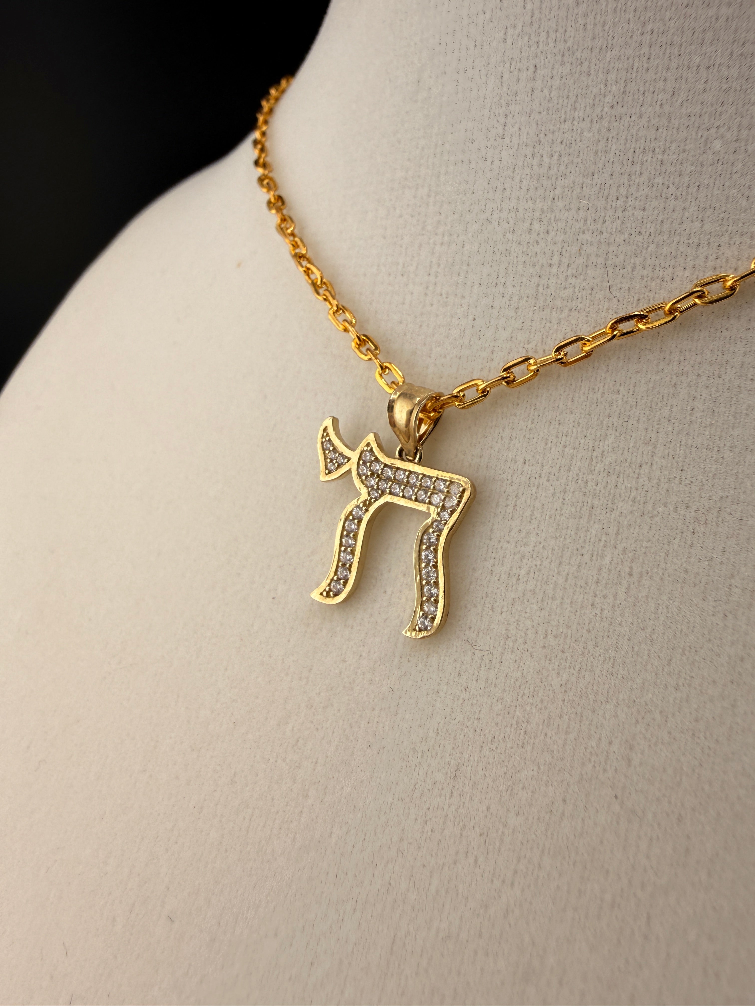 10K Solid Gold CZ Diamond-Encrusted Chai Pendant