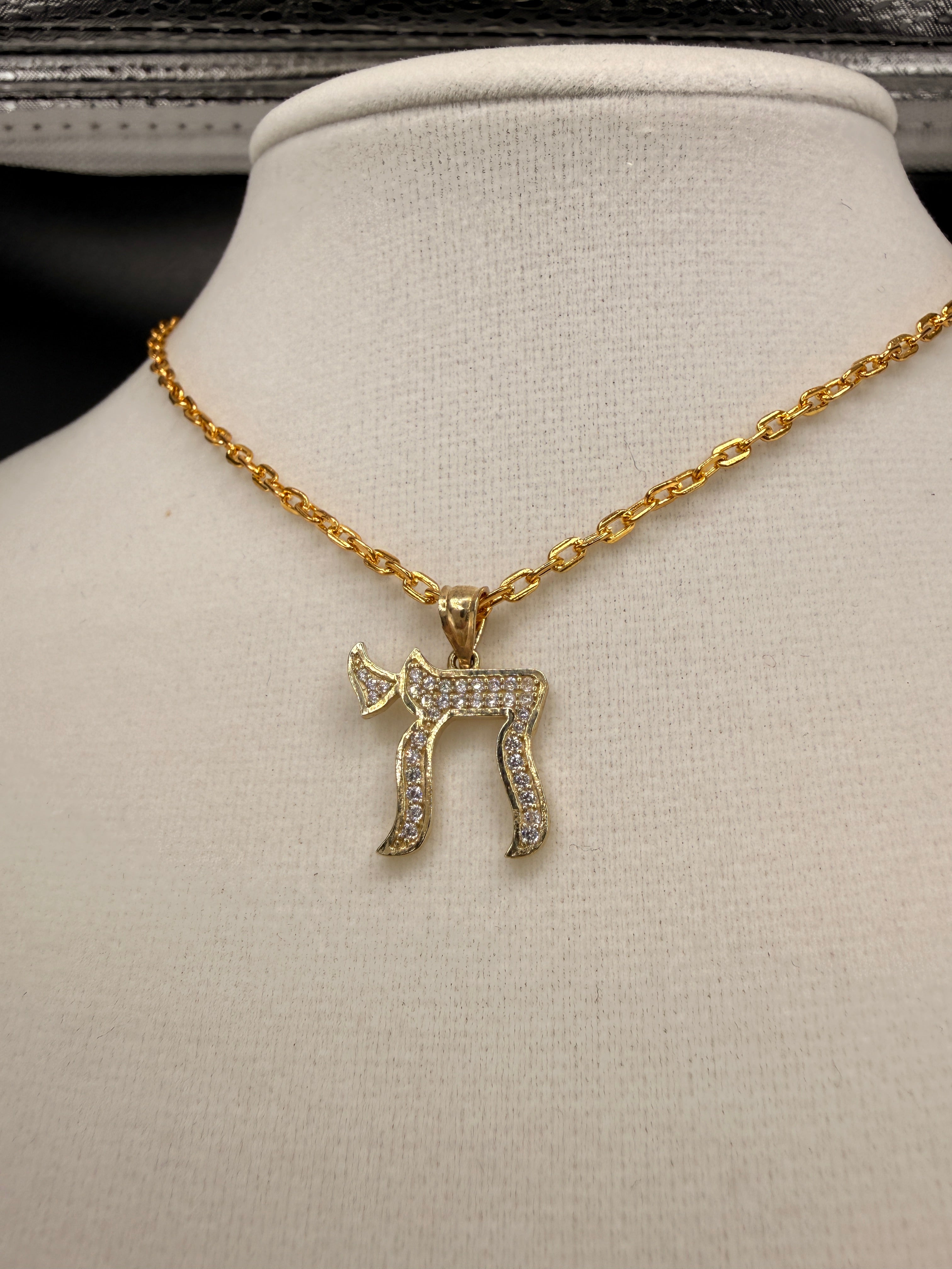 10K Solid Gold CZ Diamond-Encrusted Chai Pendant