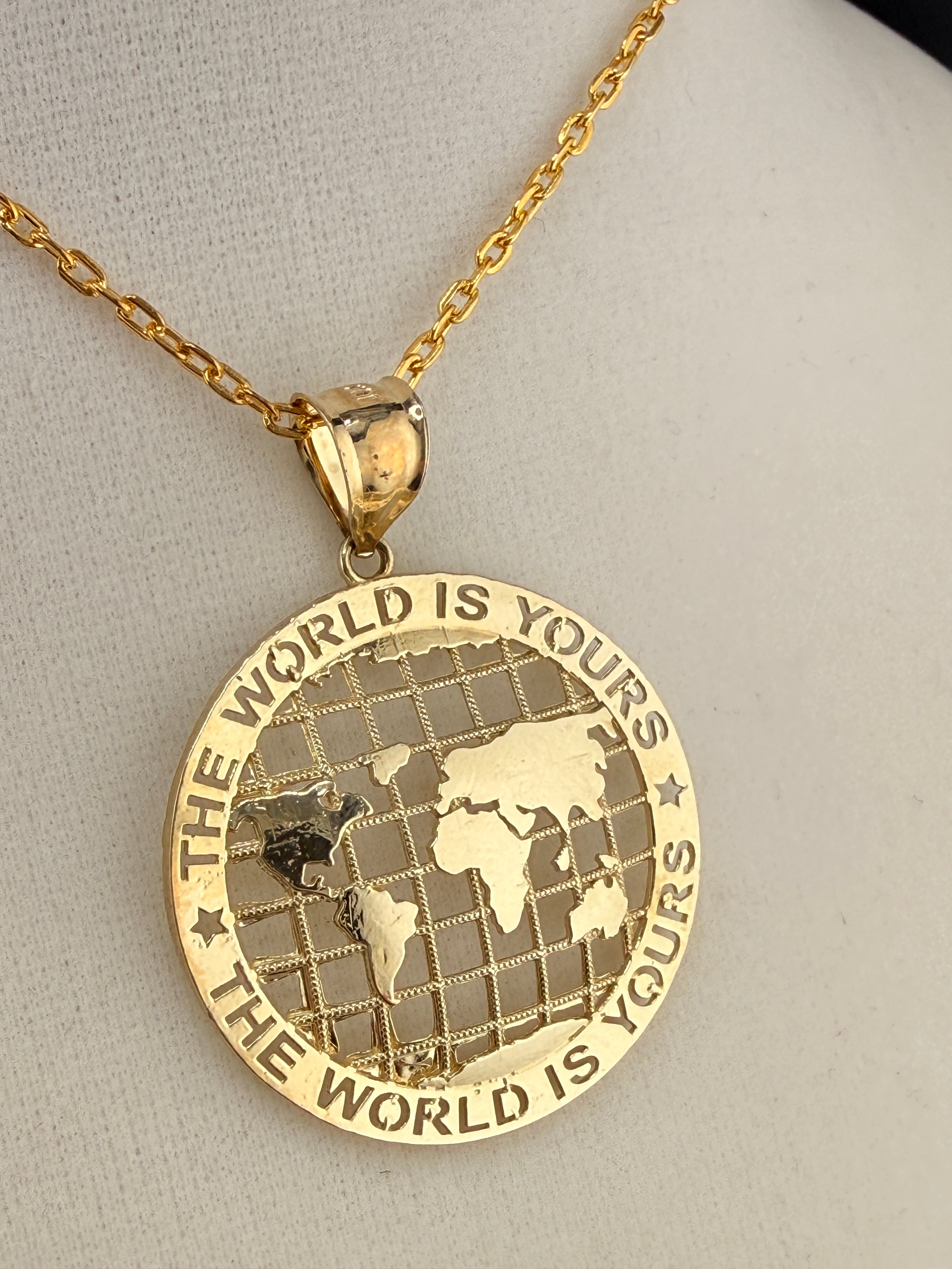 10K Solid Gold “The World Is Yours” Map Pendant